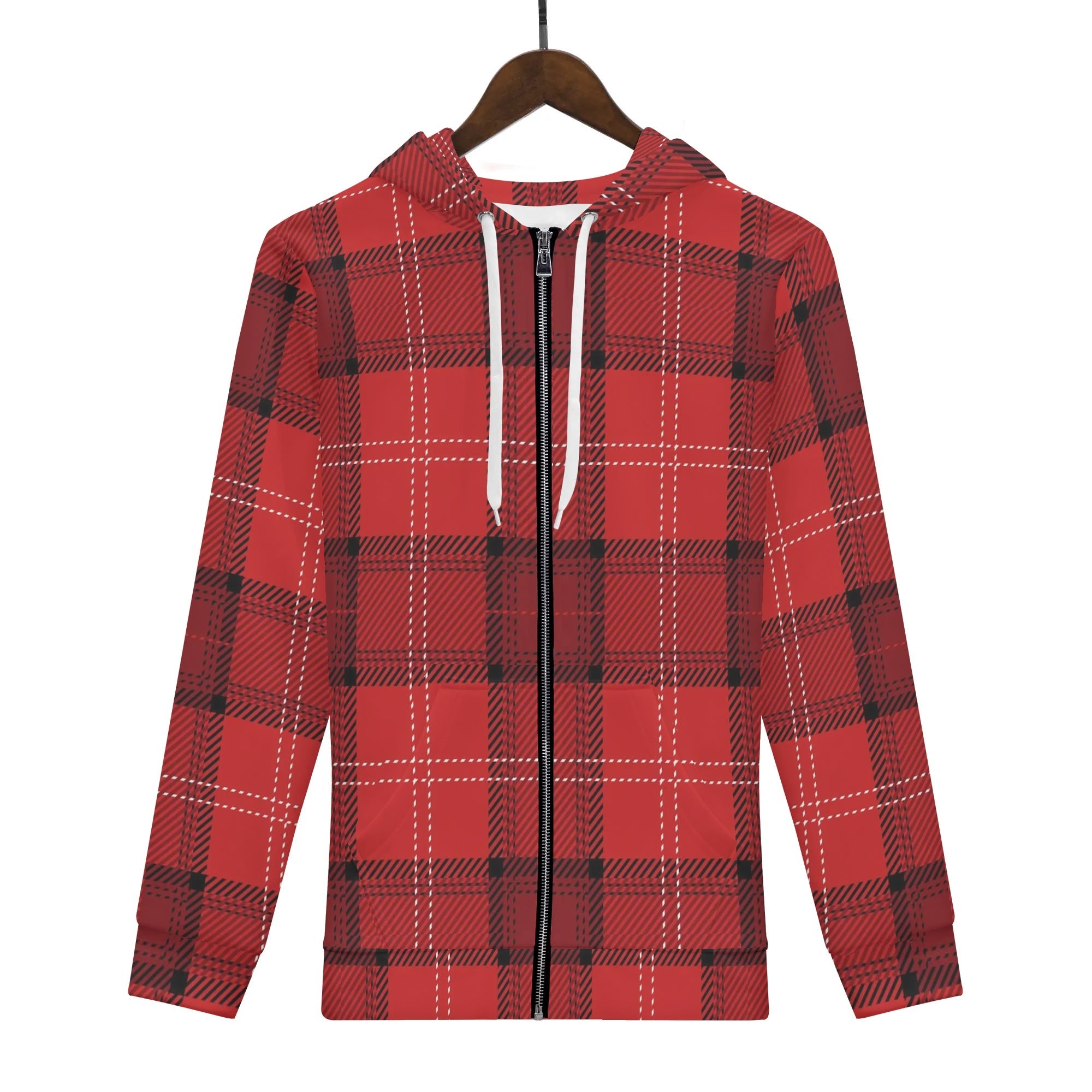 Men's Allover Print Zip-Up Hoodie - Red Plaid