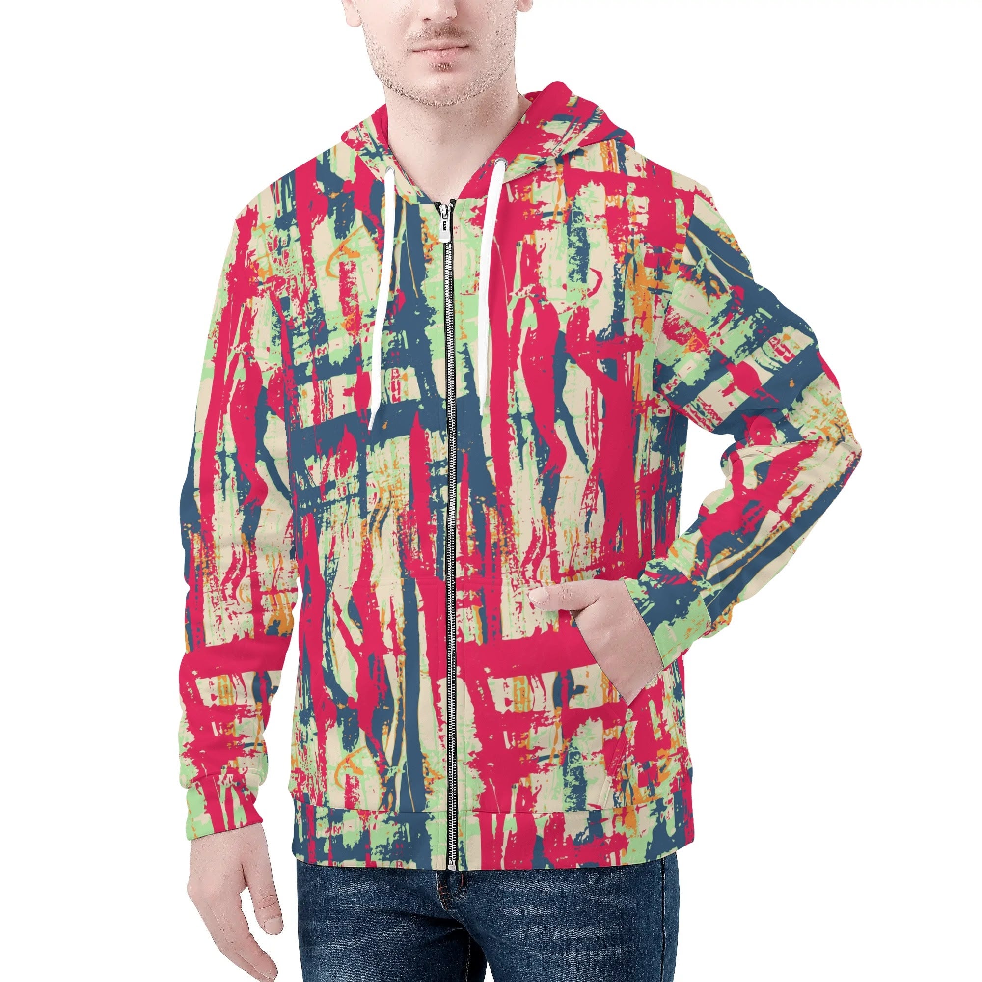 Men's Allover Print Zip-Up Hoodie - Urban Art