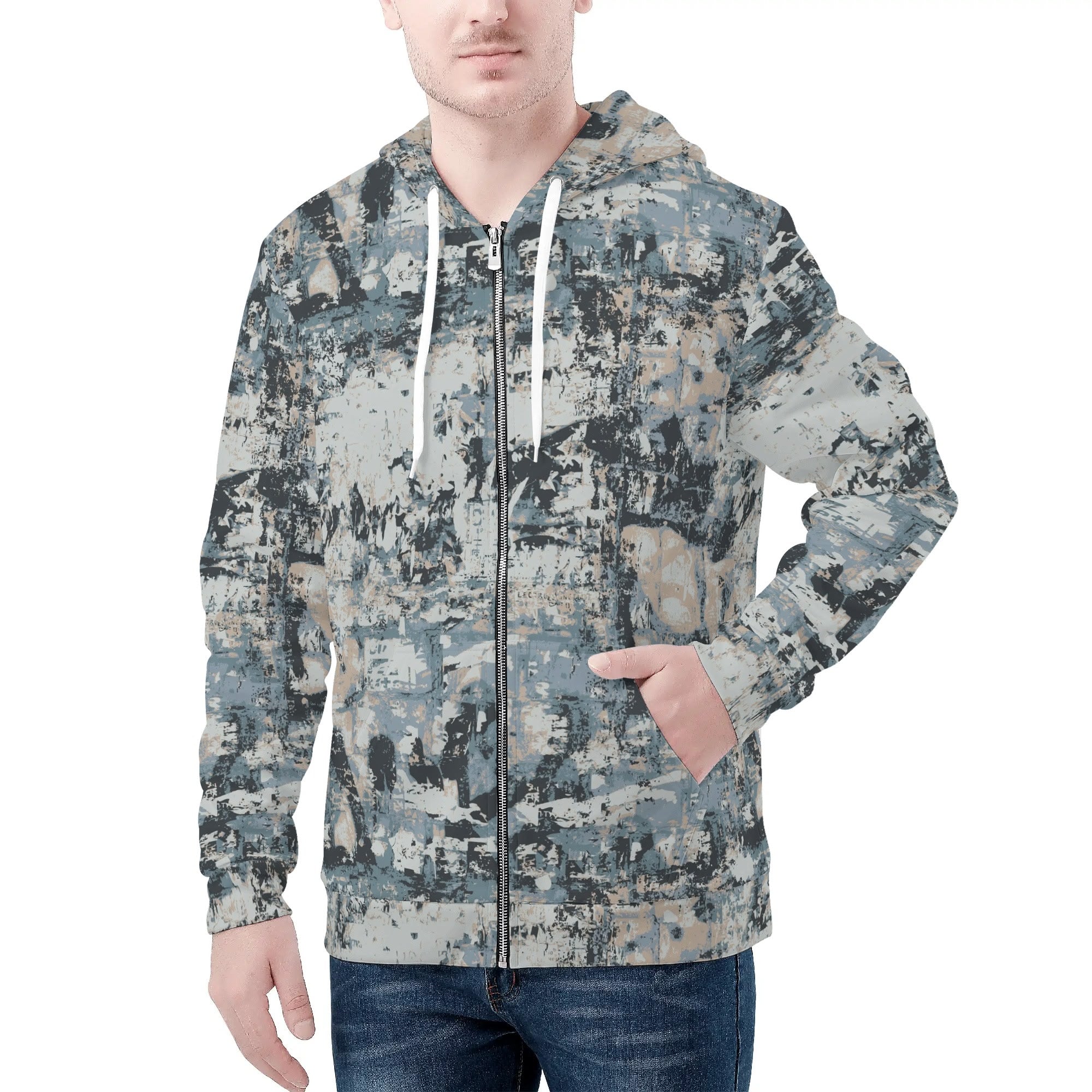 Men's Allover Print Zip-Up Hoodie - Urban Grunge