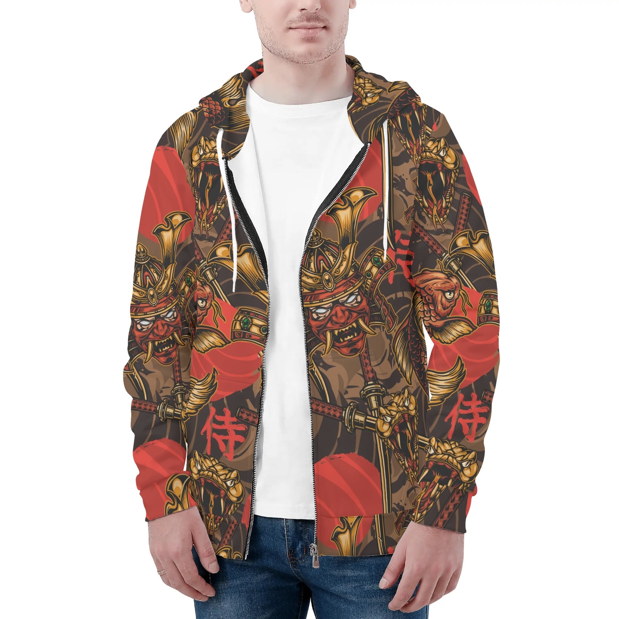 Men's Allover Print Zip-Up Hoodie - Crimson Sky