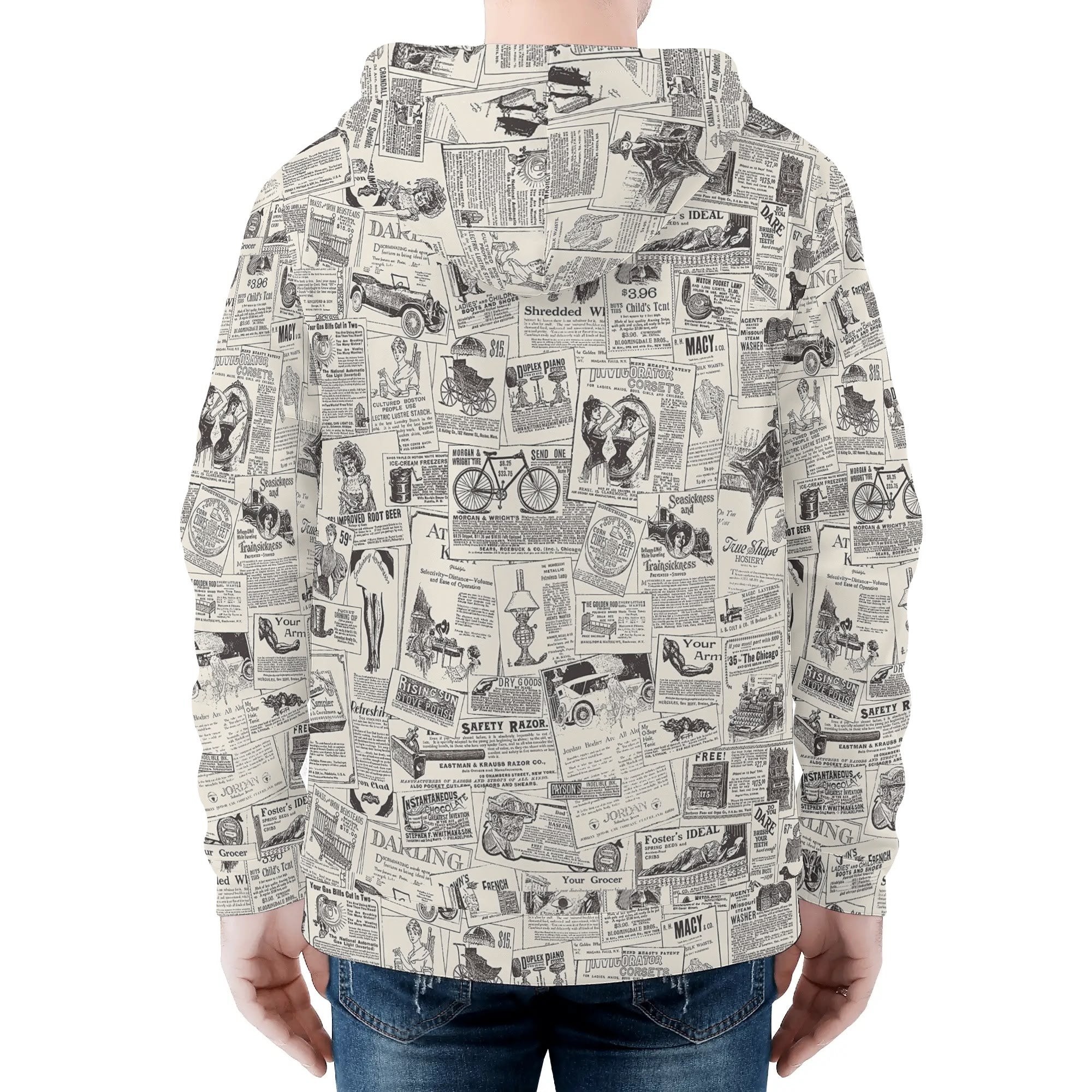 Men's Allover Print Zip-Up Hoodie - Vintage Newsprint