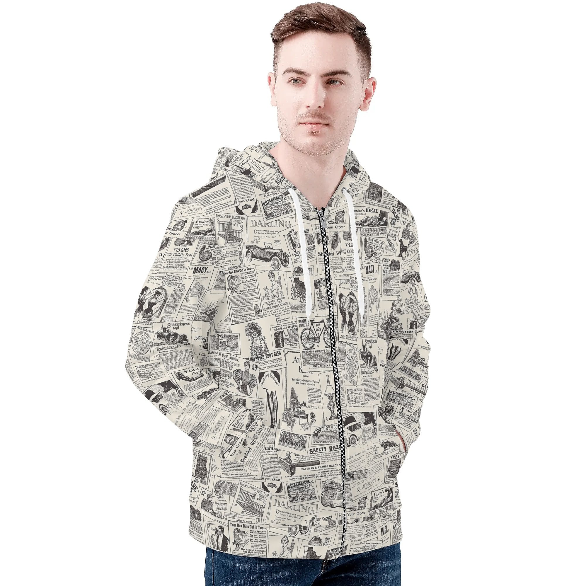 Men's Allover Print Zip-Up Hoodie - Vintage Newsprint