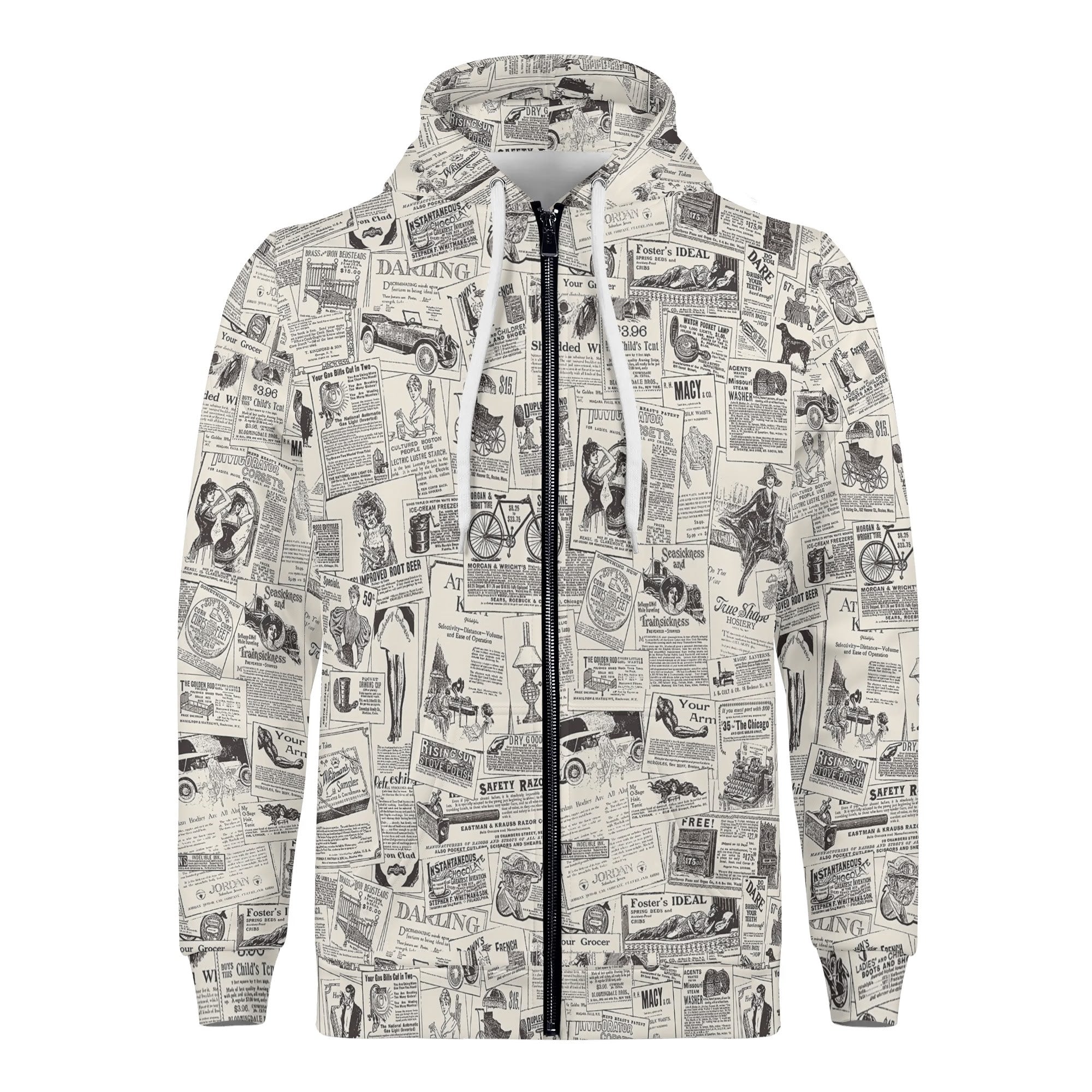 Men's Allover Print Zip-Up Hoodie - Vintage Newsprint