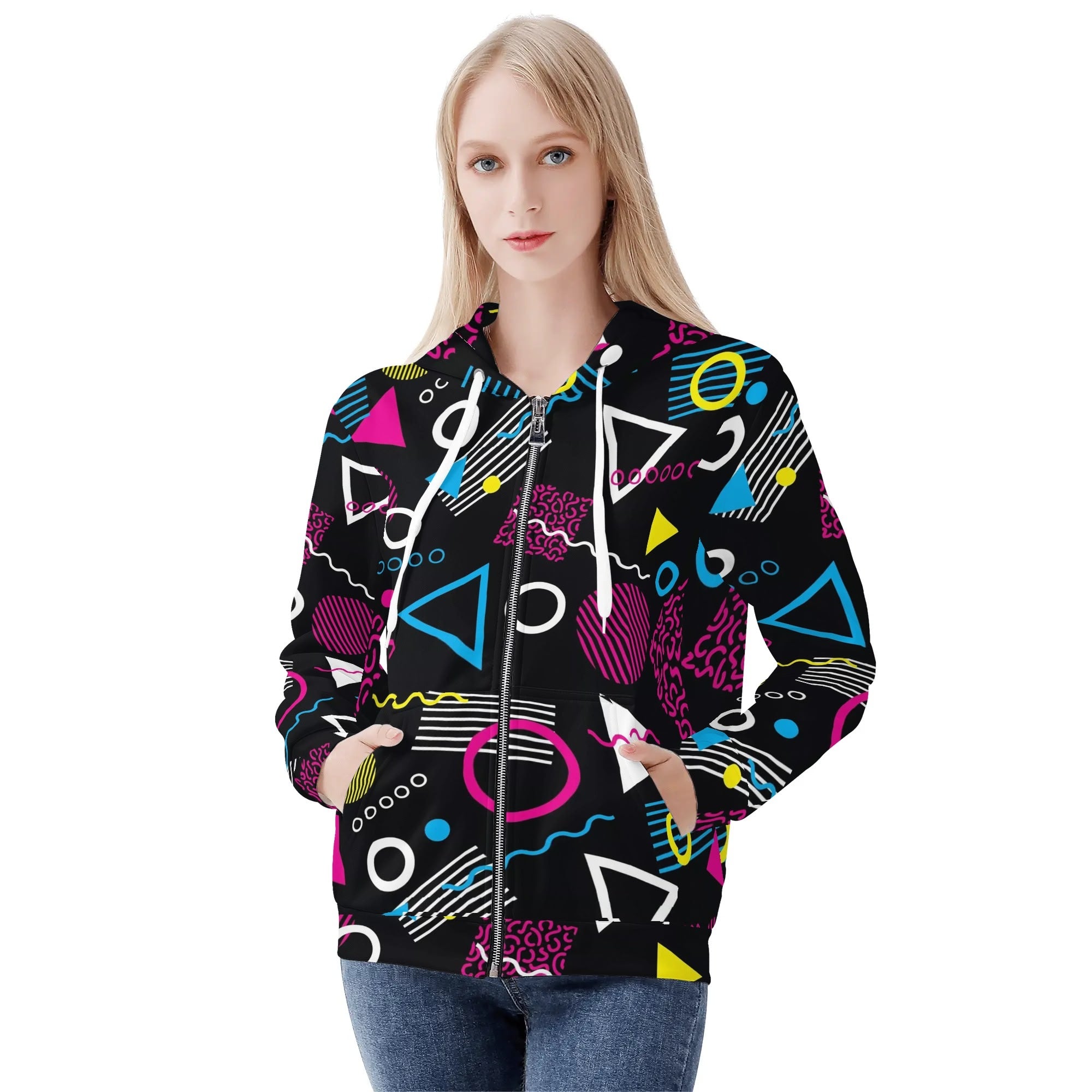 Women's Allover Print Zip-Up Hoodie - 1984 Black