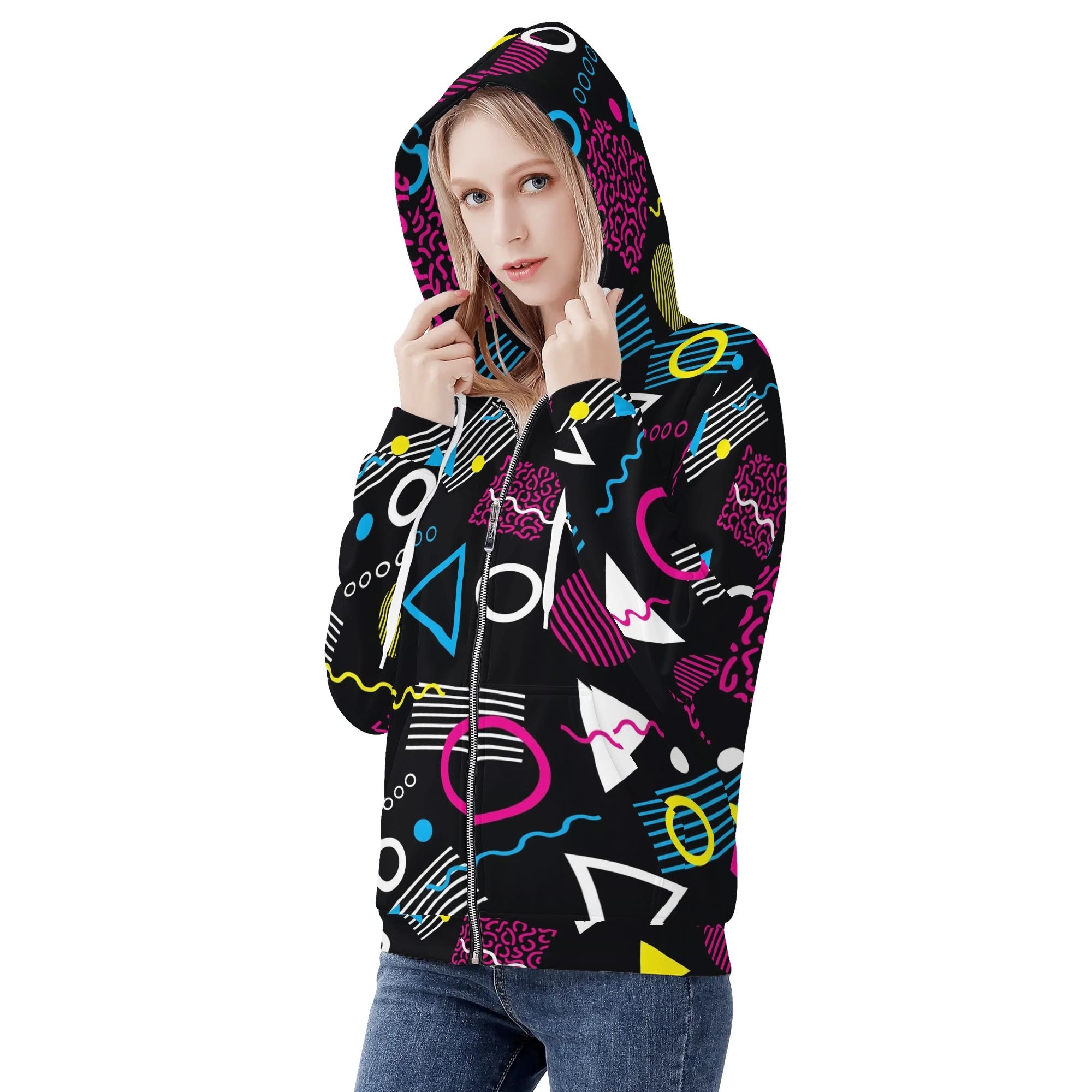 Women's Allover Print Zip-Up Hoodie - 1984 Black