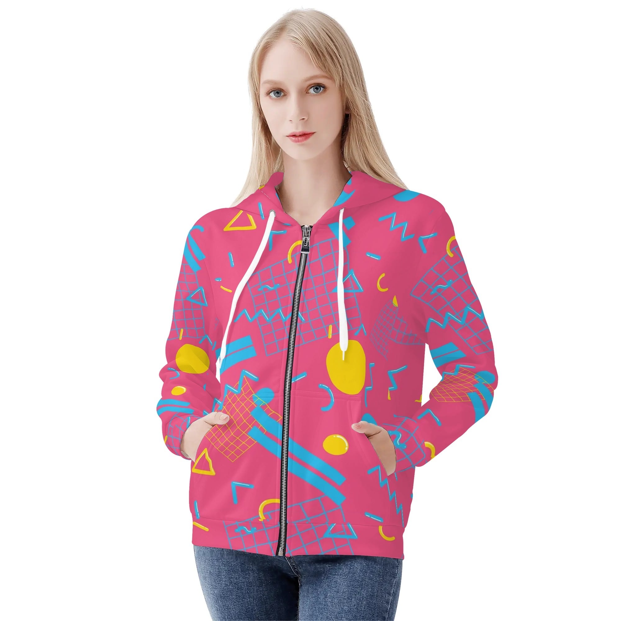 Women's Allover Print Zip-Up Hoodie - 1984 Pink