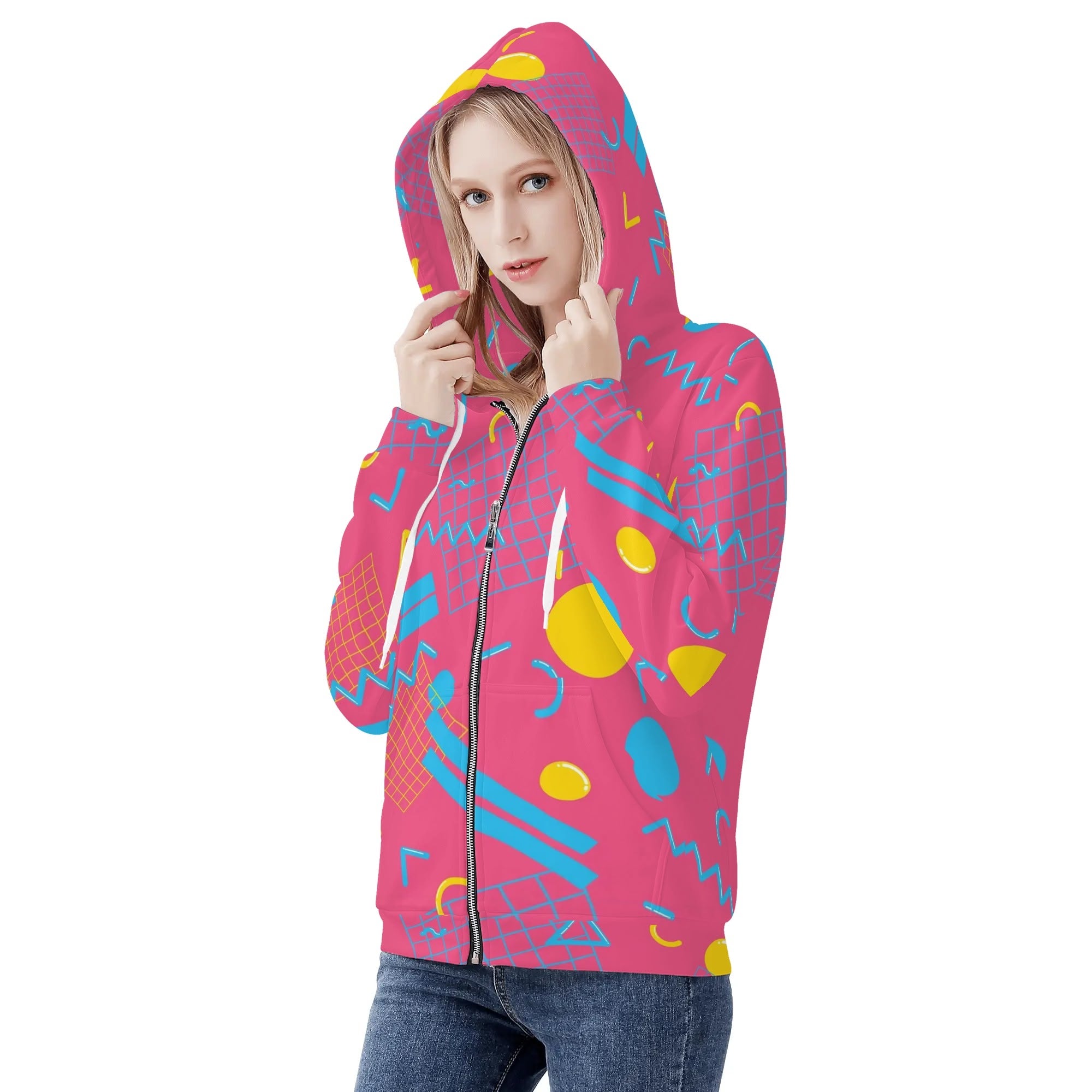 Women's Allover Print Zip-Up Hoodie - 1984 Pink