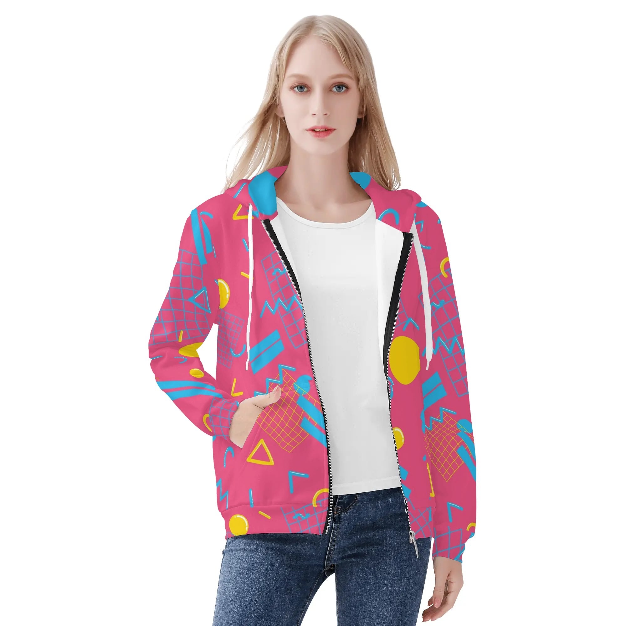 Women's Allover Print Zip-Up Hoodie - 1984 Pink