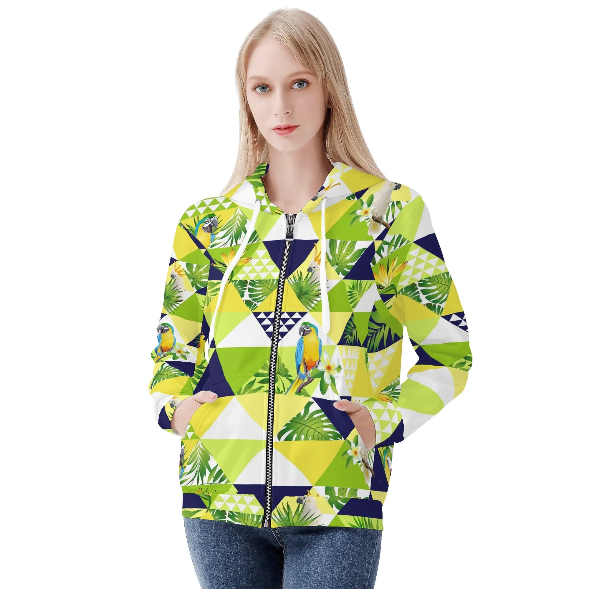 Women's Allover Print Zip-Up Hoodie - Tropical Triangles