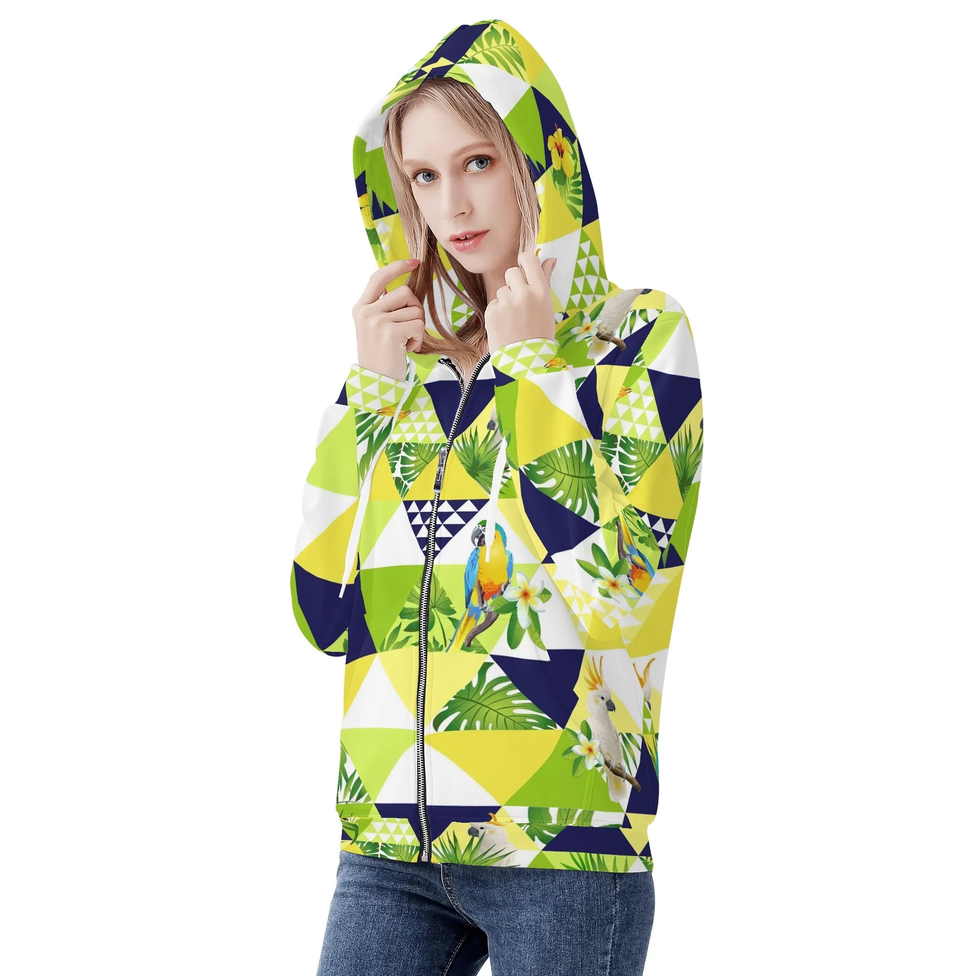 Women's Allover Print Zip-Up Hoodie - Tropical Triangles