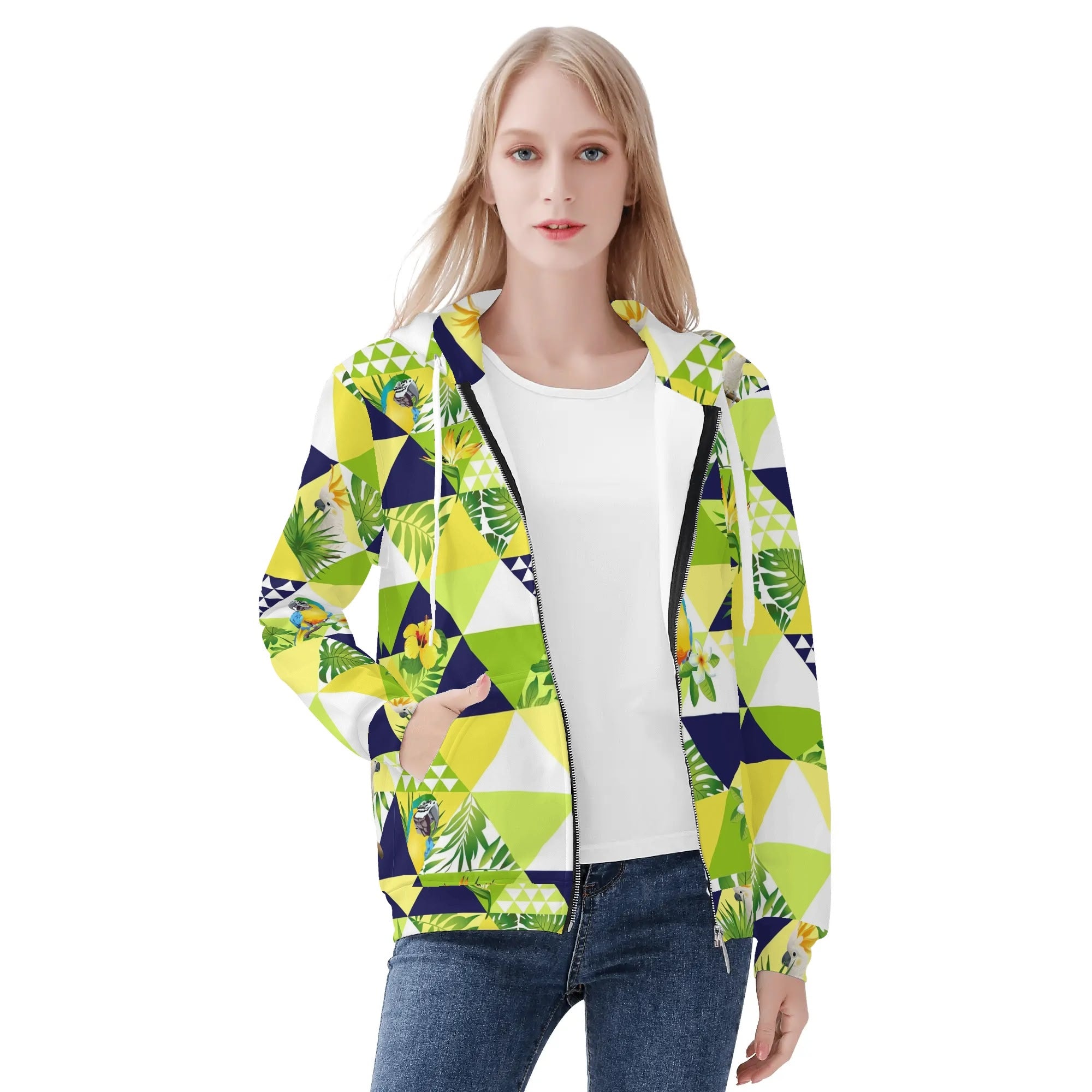 Women's Allover Print Zip-Up Hoodie - Tropical Triangles