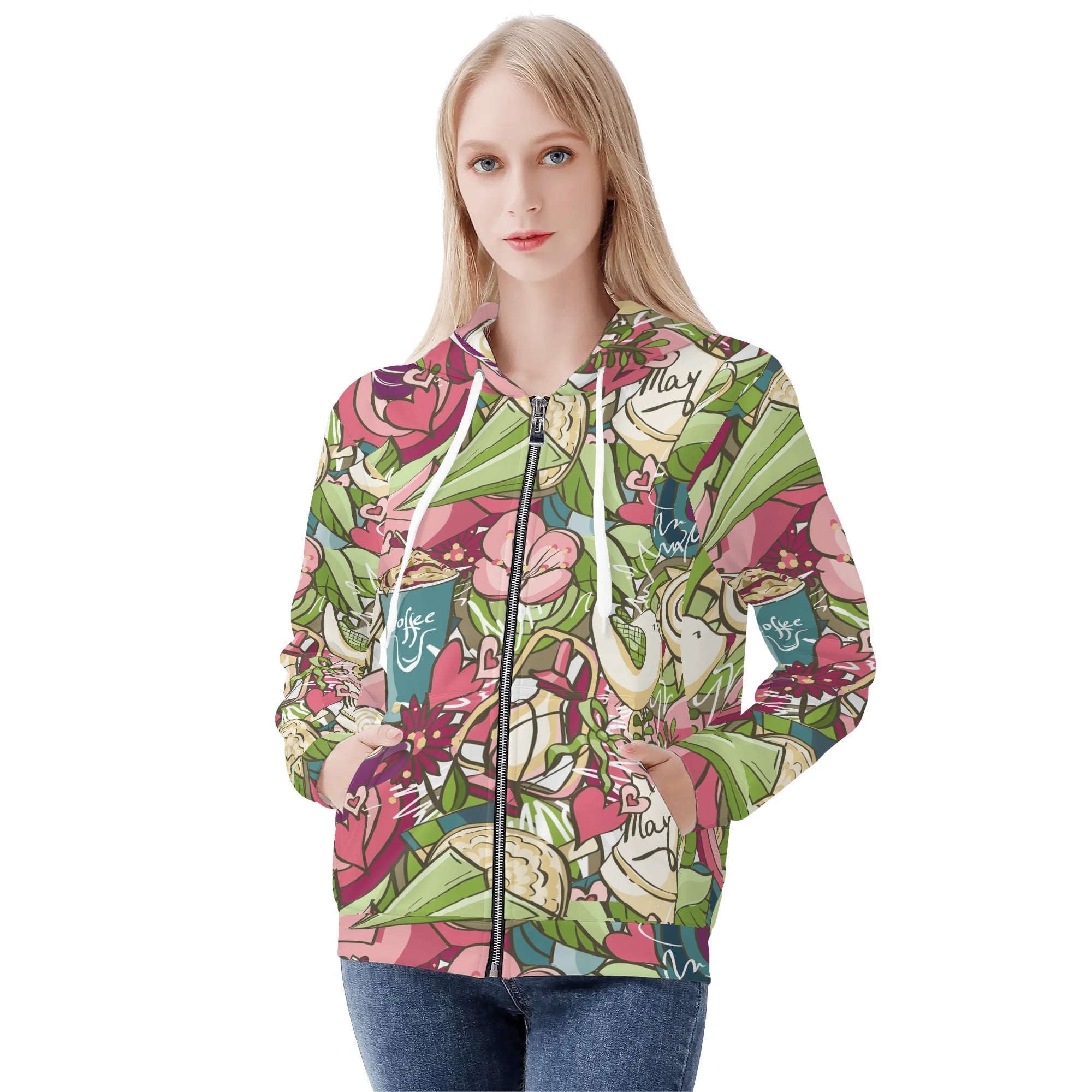 Women's Allover Print Zip-Up Hoodie - Coffee Shop