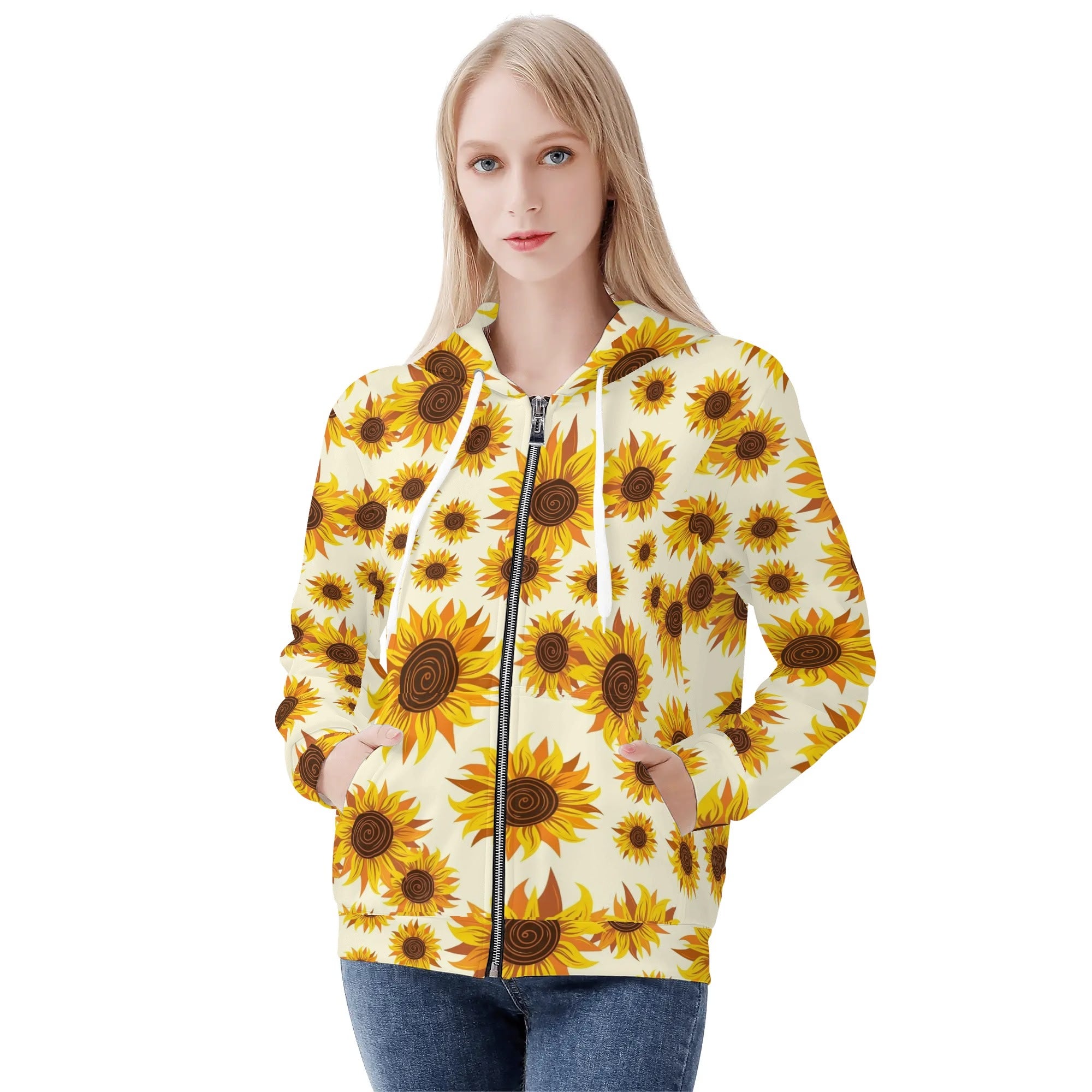 Women's Allover Print Zip-Up Hoodie - Sunflower Swirls