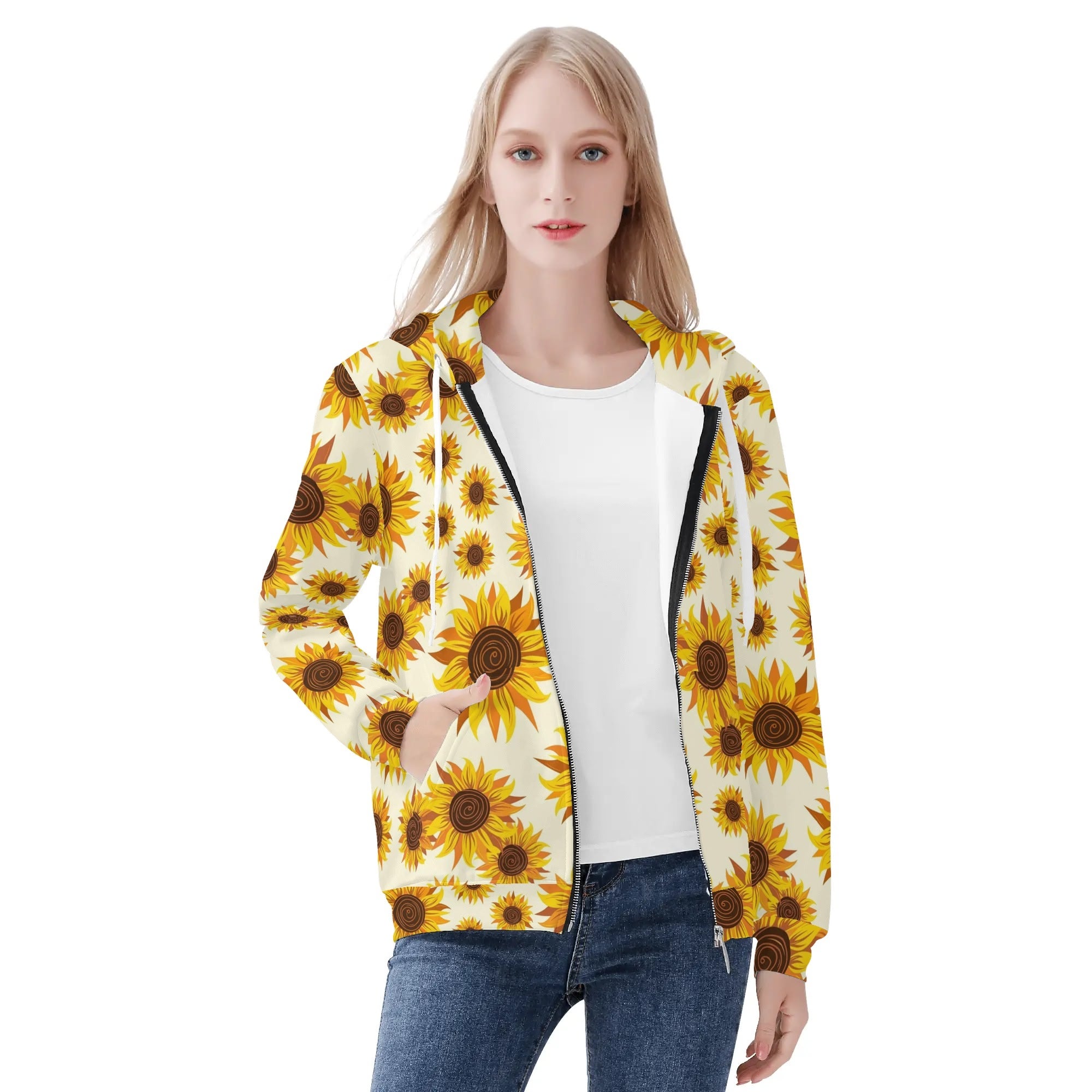 Women's Allover Print Zip-Up Hoodie - Sunflower Swirls