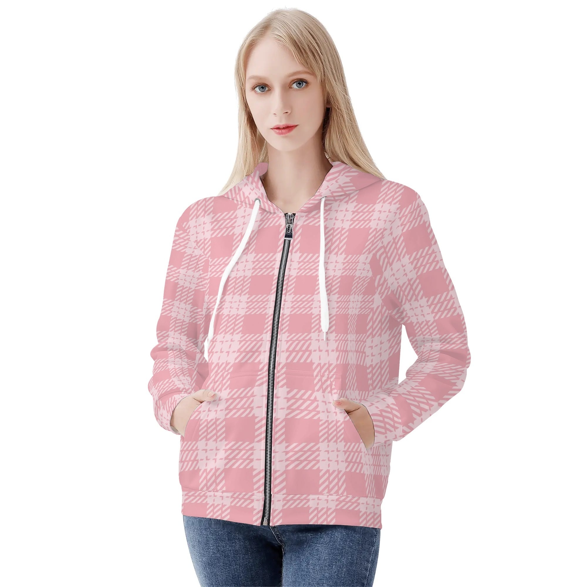 Women's Allover Print Zip-Up Hoodie - Pink Plaid