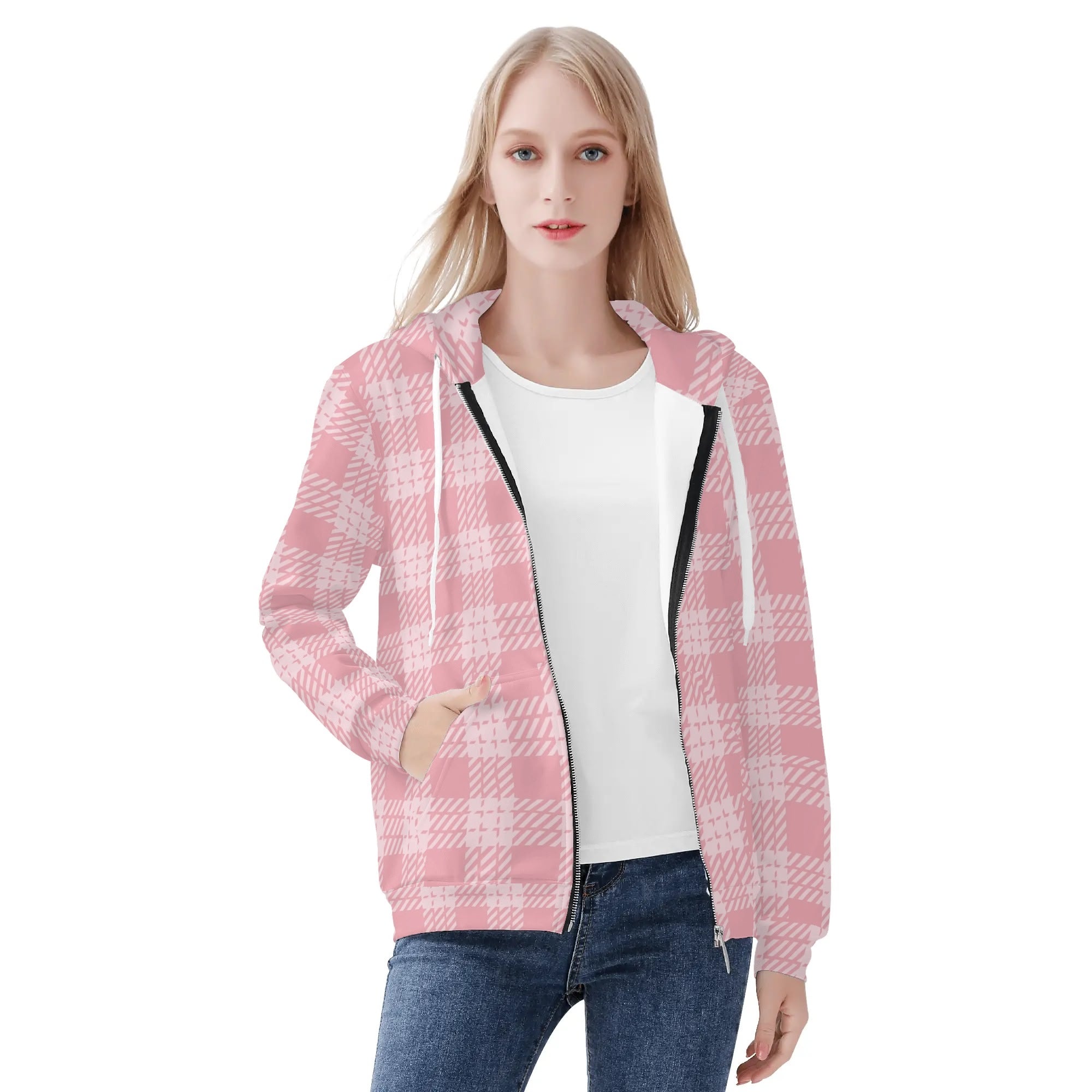 Women's Allover Print Zip-Up Hoodie - Pink Plaid