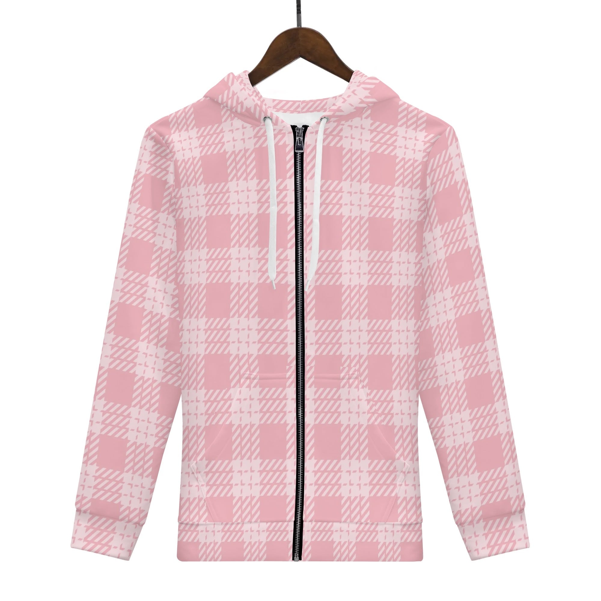 Women's Allover Print Zip-Up Hoodie - Pink Plaid