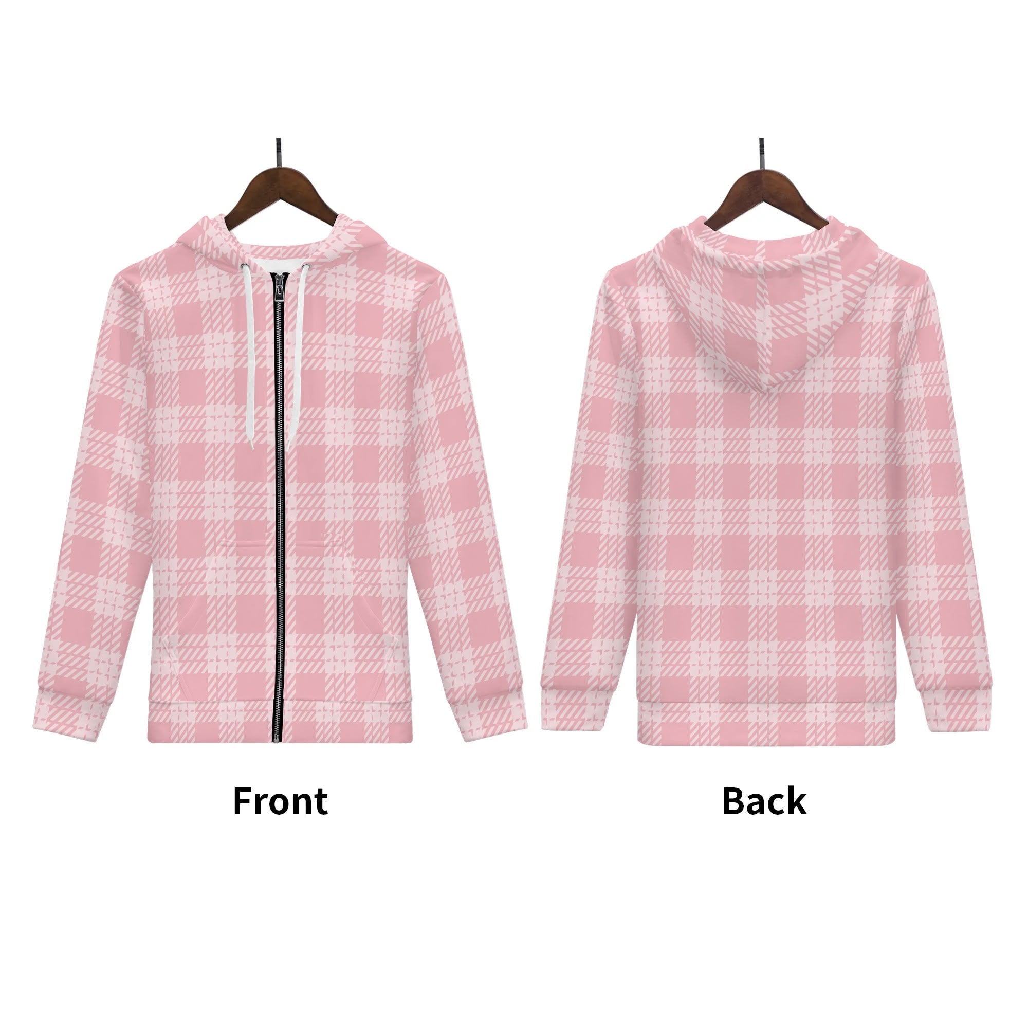 Women's Allover Print Zip-Up Hoodie - Pink Plaid