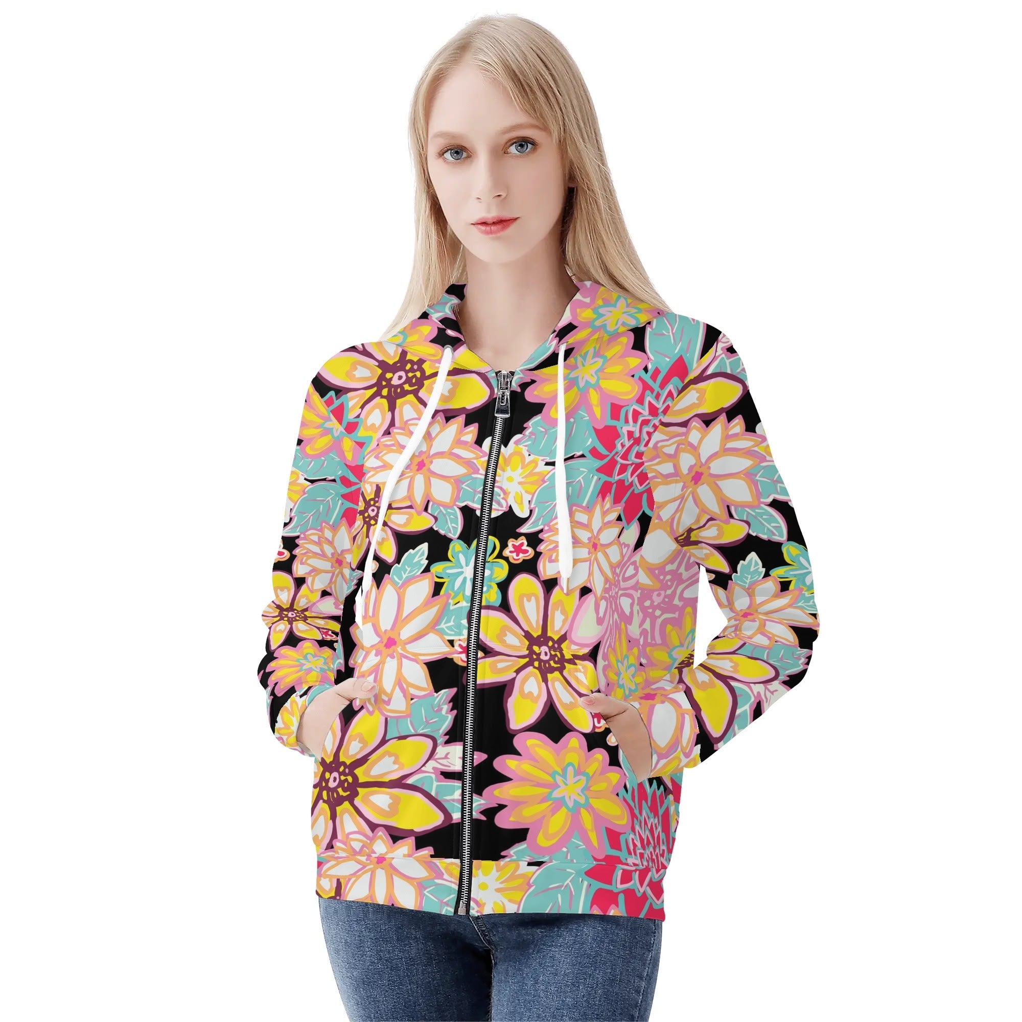 Women's Allover Print Zip-Up Hoodie - Flower Power