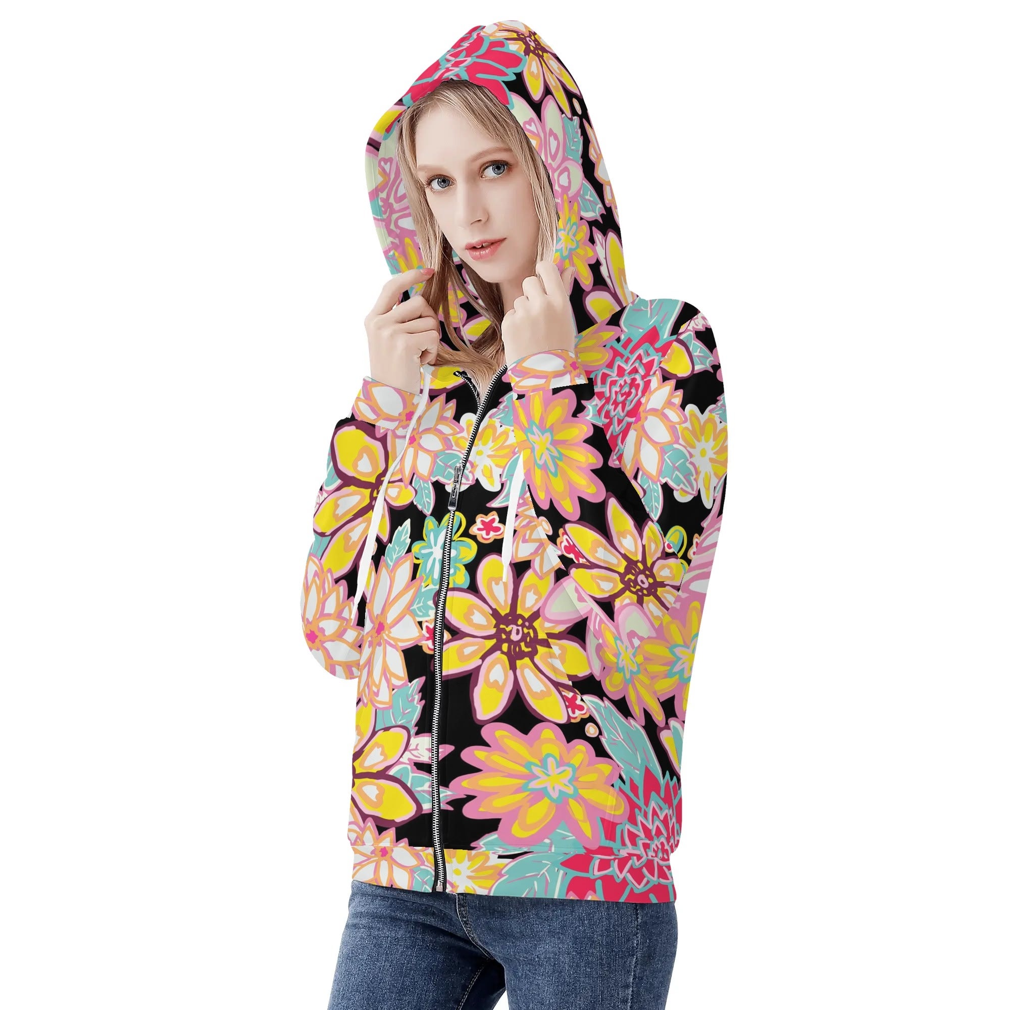 Women's Allover Print Zip-Up Hoodie - Flower Power