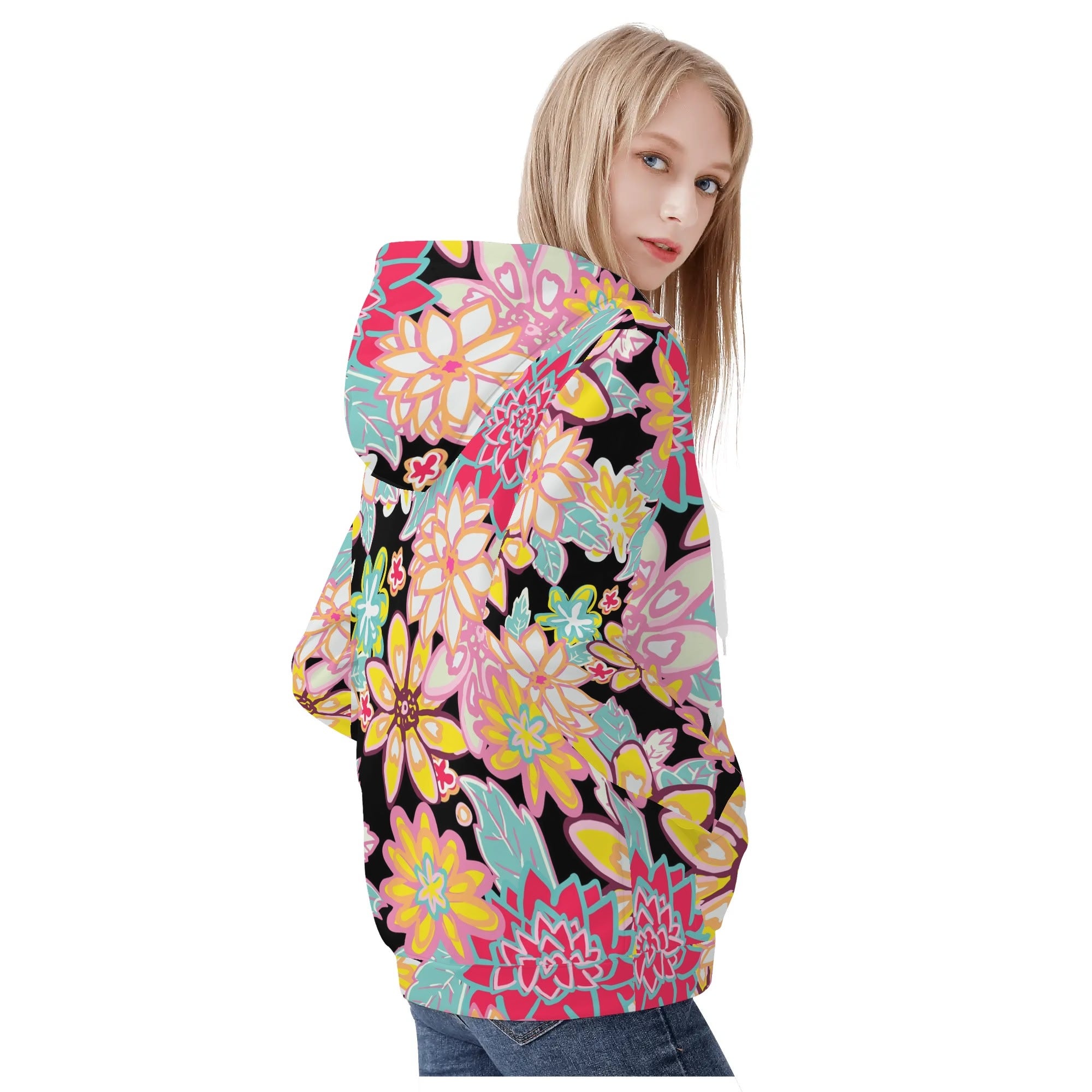 Women's Allover Print Zip-Up Hoodie - Flower Power