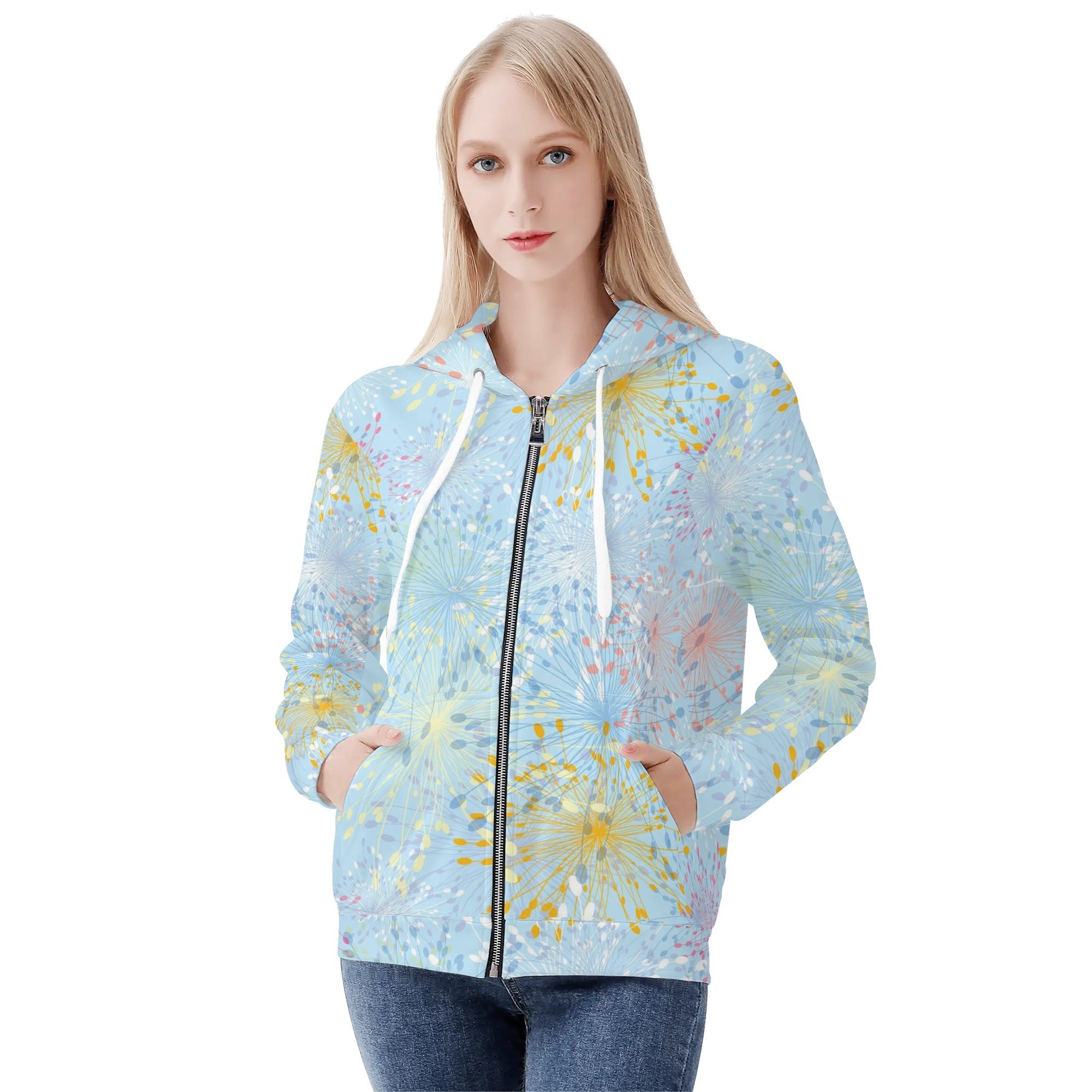 Women's Allover Print Zip-Up Hoodie - Dandelion