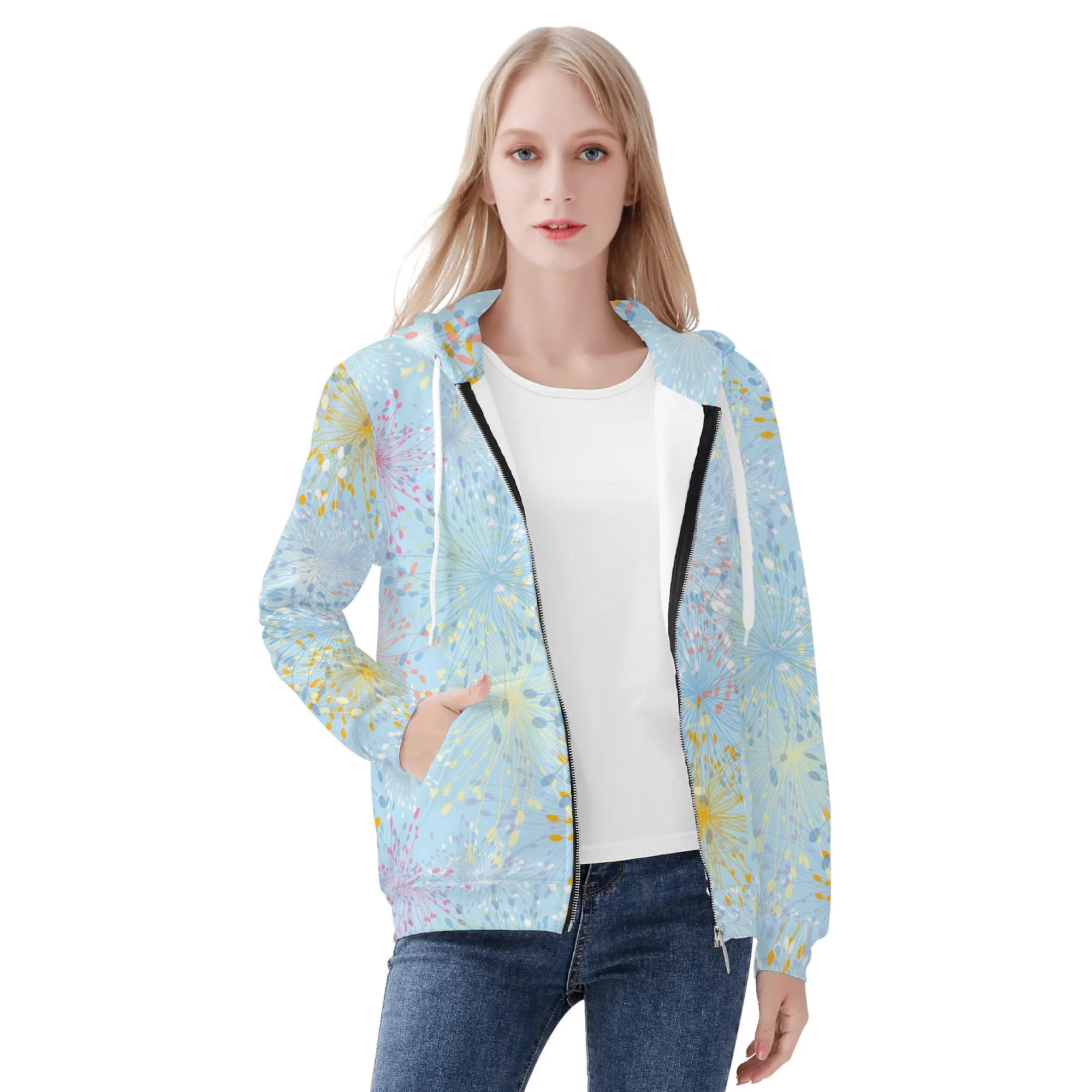 Women's Allover Print Zip-Up Hoodie - Dandelion