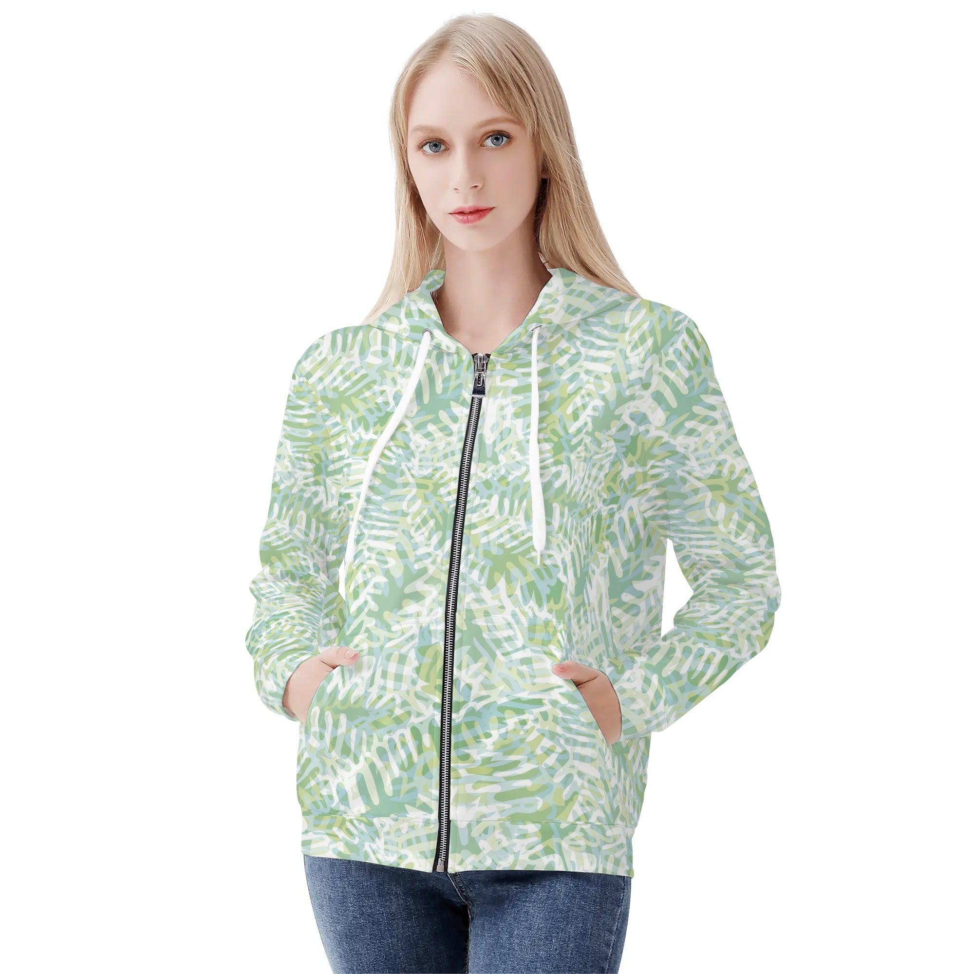 Women's Allover Print Zip-Up Hoodie - Fresh Ferns