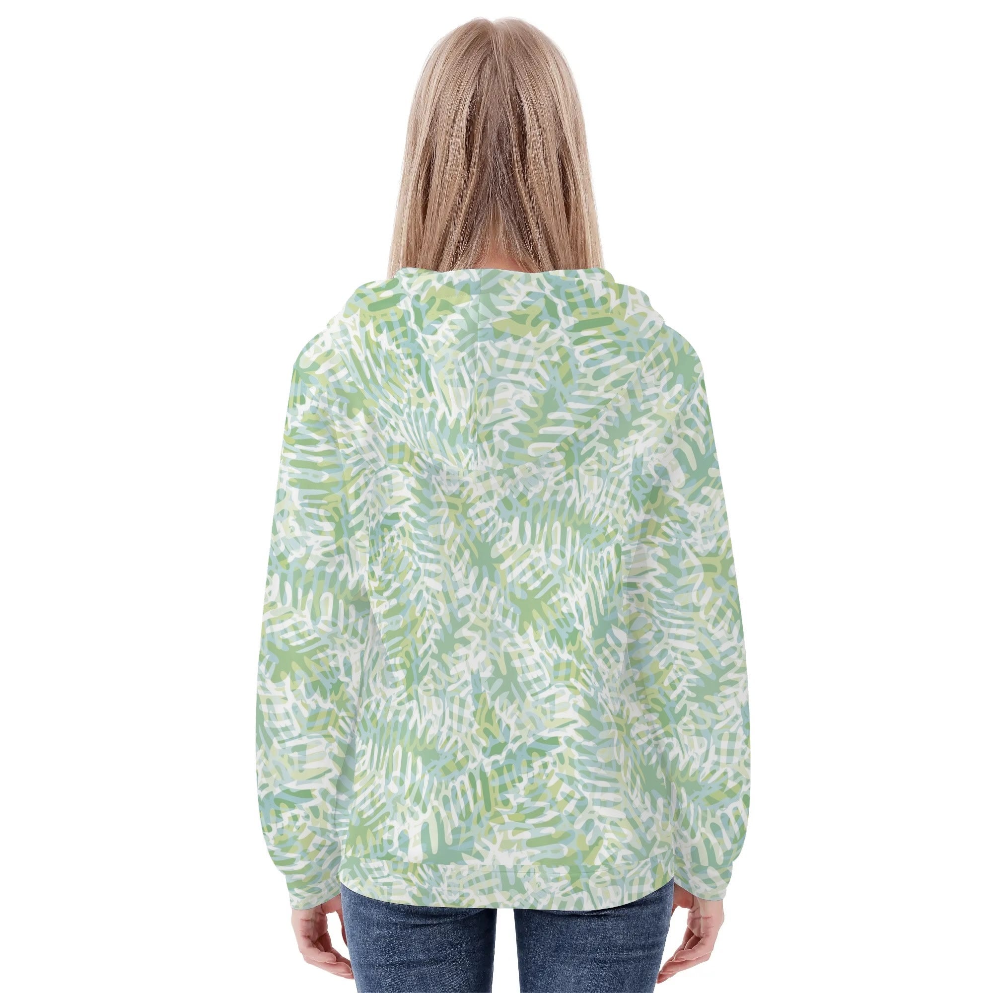 Women's Allover Print Zip-Up Hoodie - Fresh Ferns