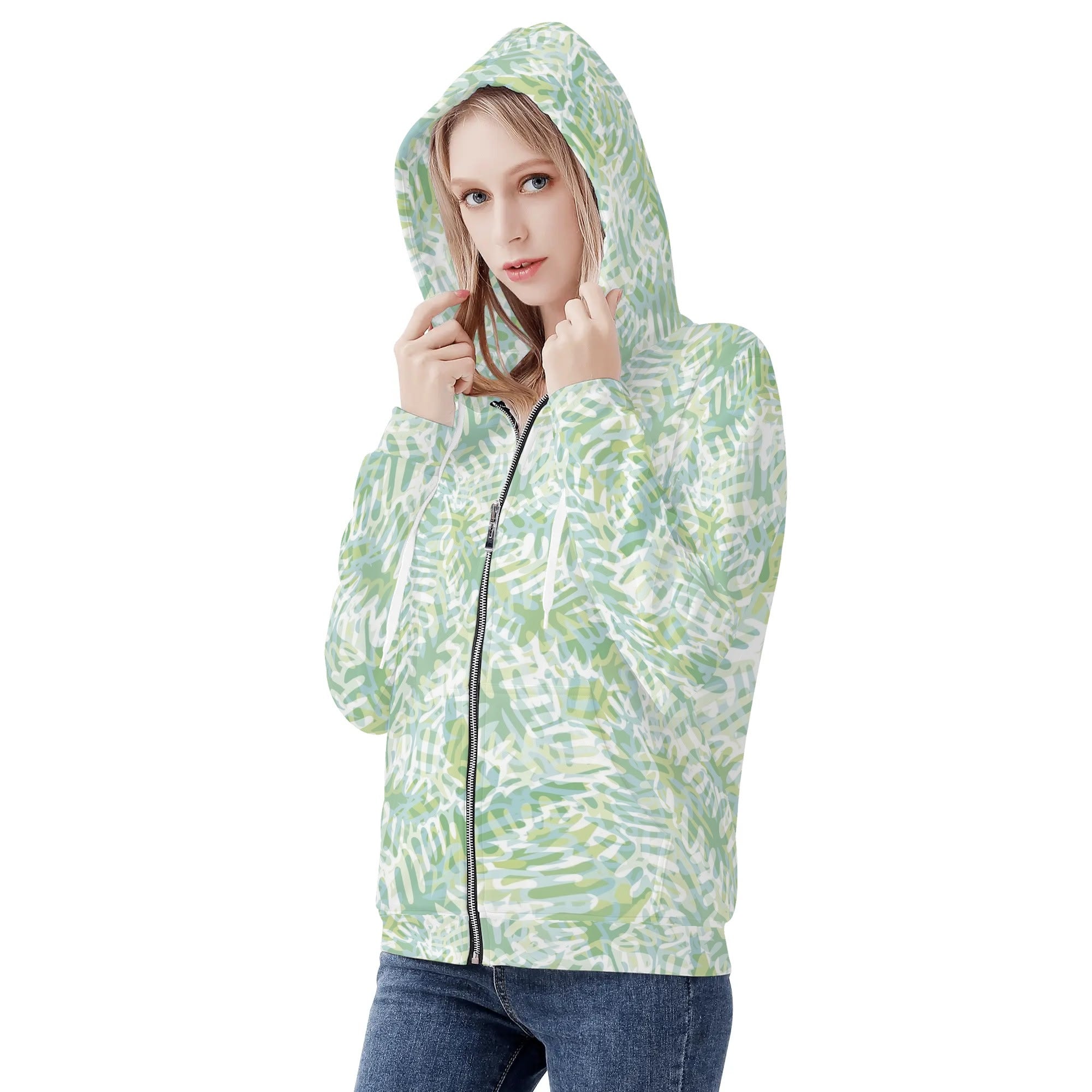 Women's Allover Print Zip-Up Hoodie - Fresh Ferns