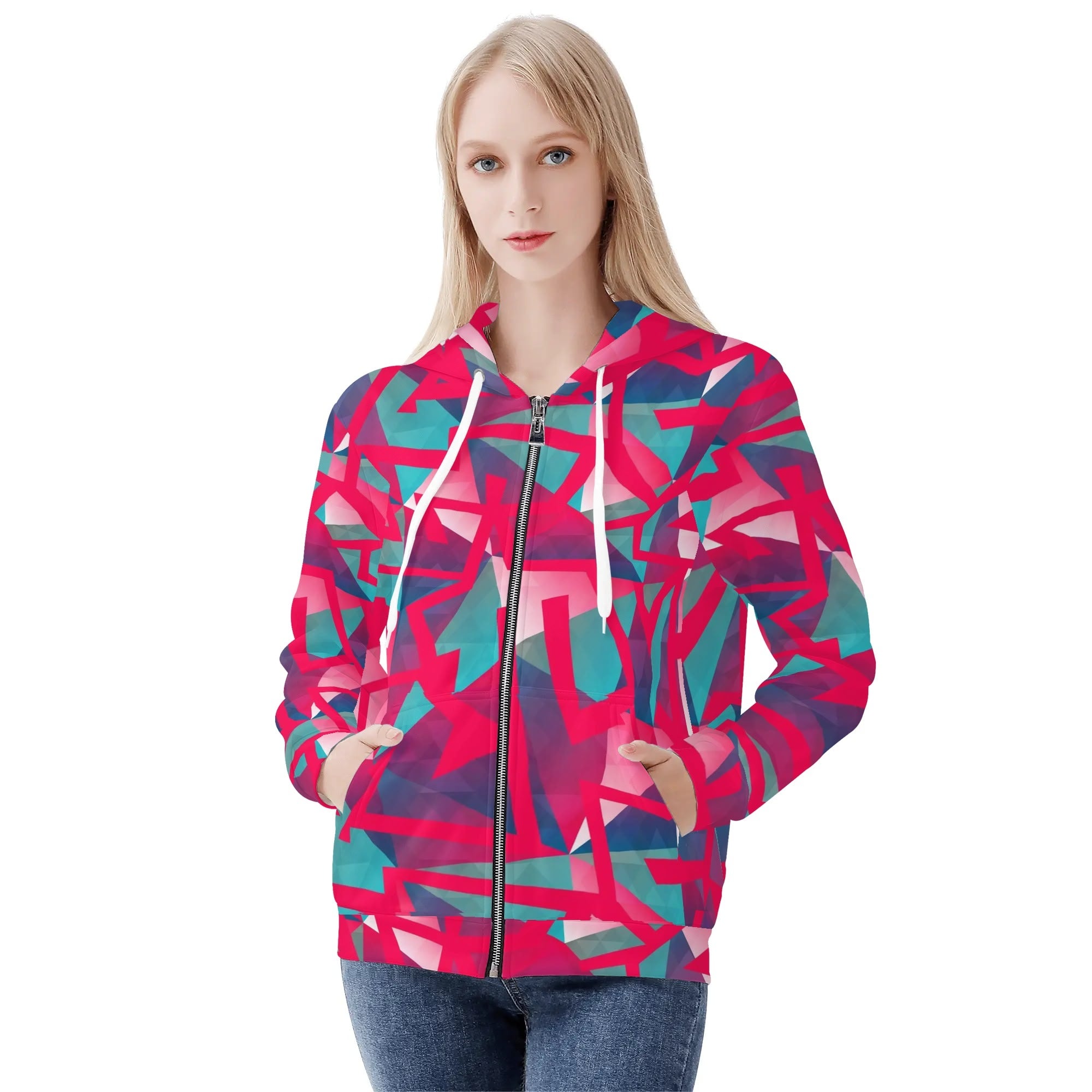 Women's Allover Print Zip-Up Hoodie - Geometric Neon in Berry