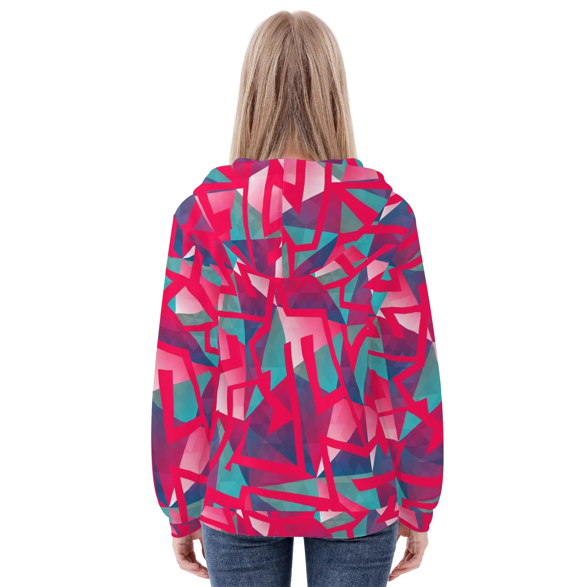 Women's Allover Print Zip-Up Hoodie - Geometric Neon in Berry