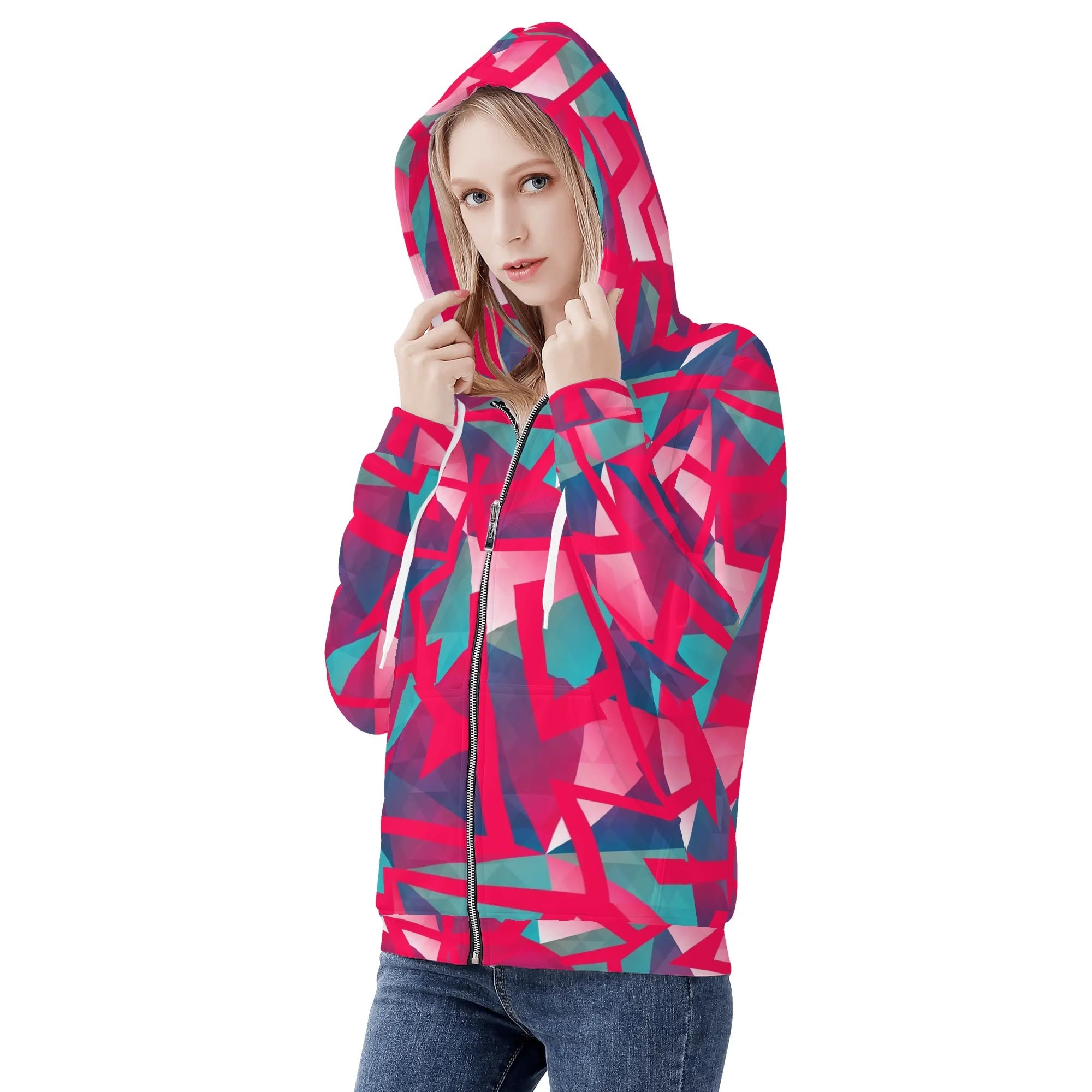 Women's Allover Print Zip-Up Hoodie - Geometric Neon in Berry