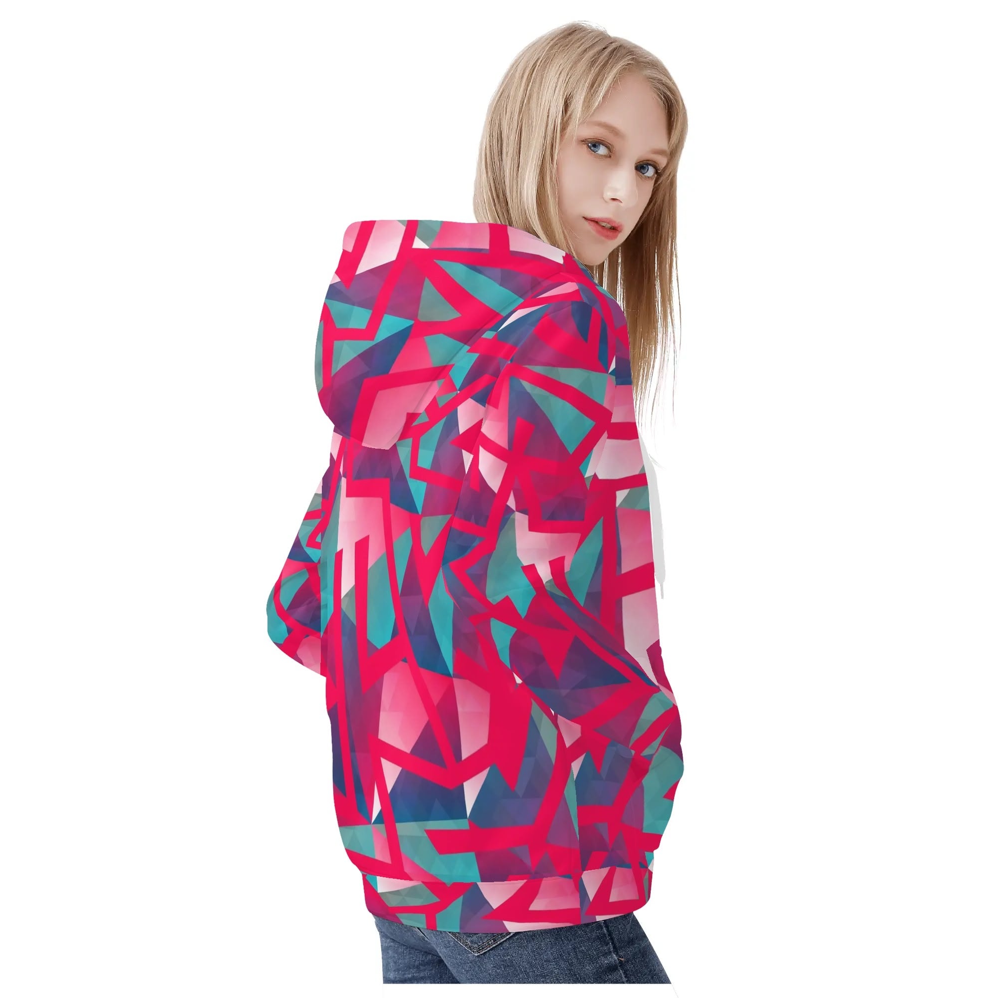 Women's Allover Print Zip-Up Hoodie - Geometric Neon in Berry