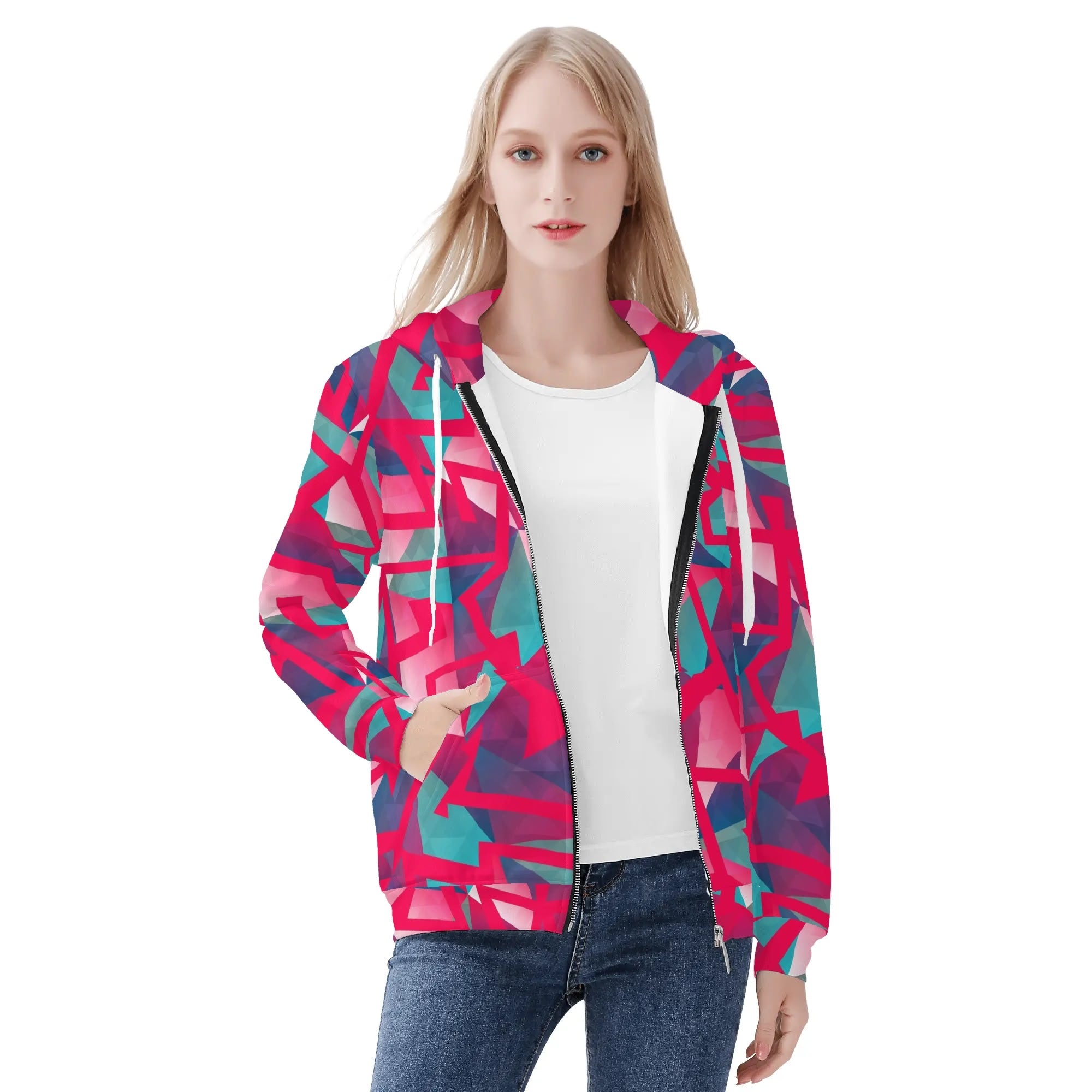 Women's Allover Print Zip-Up Hoodie - Geometric Neon in Berry