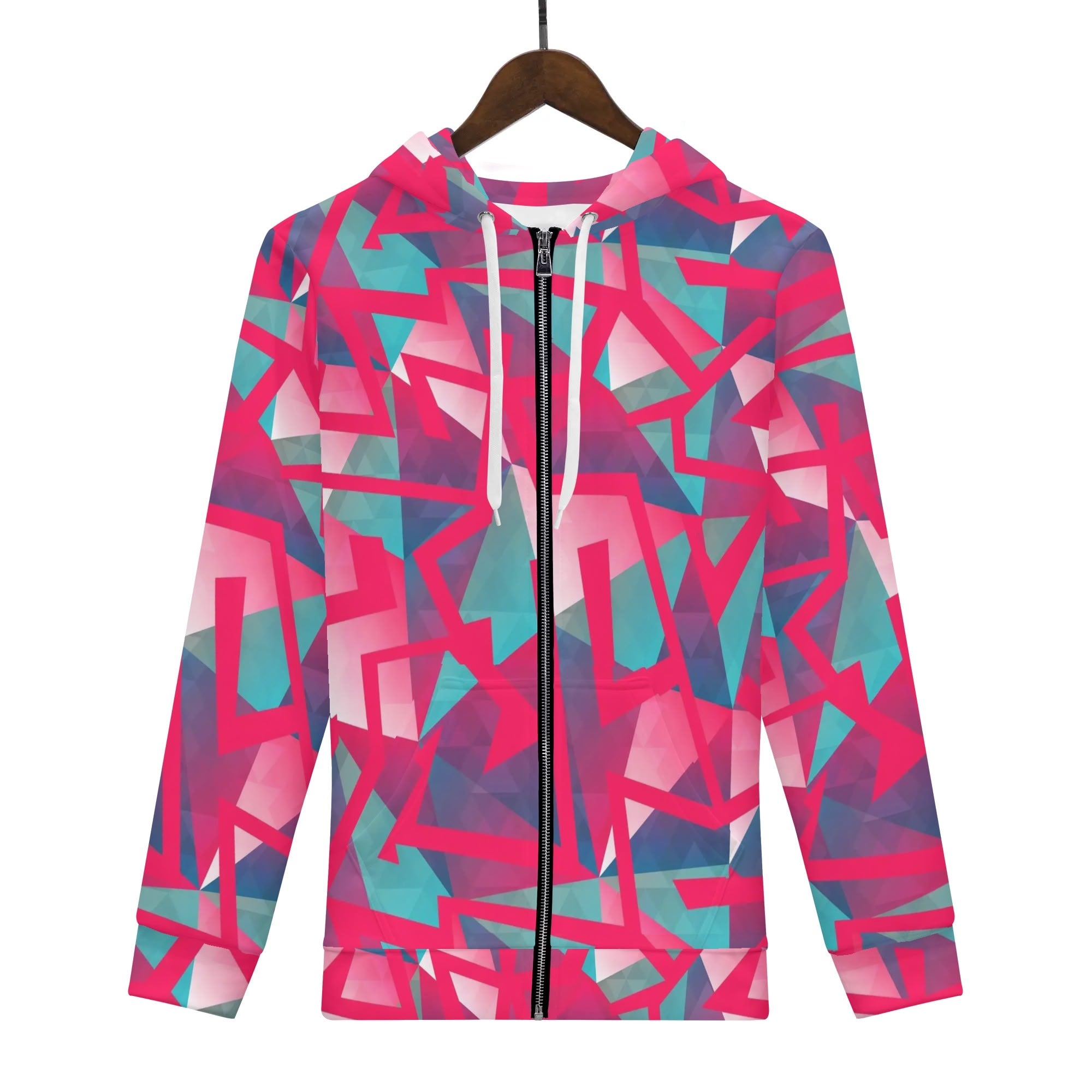 Women's Allover Print Zip-Up Hoodie - Geometric Neon in Berry