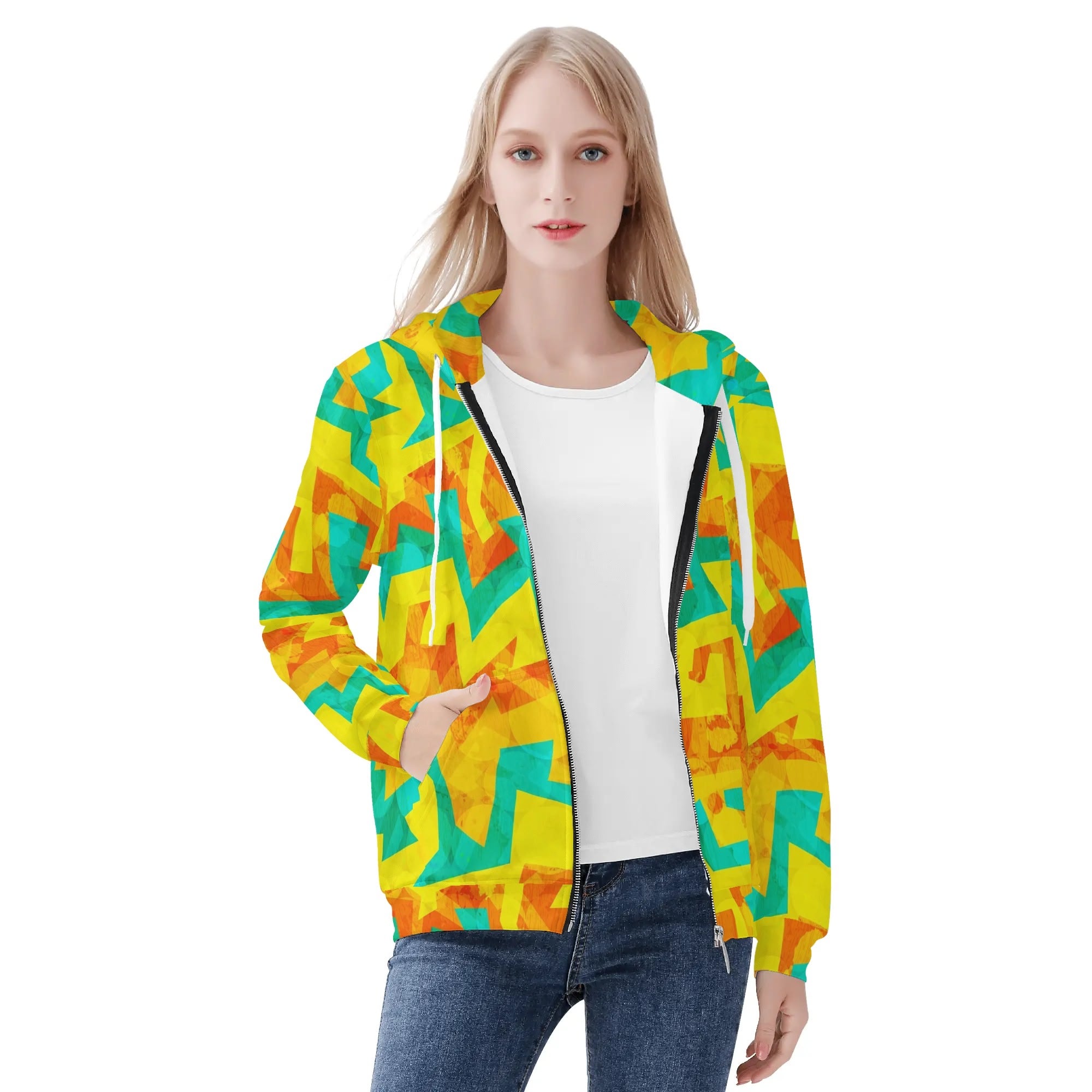 Women's Allover Print Zip-Up Hoodie - Geometric Neon in Citrus