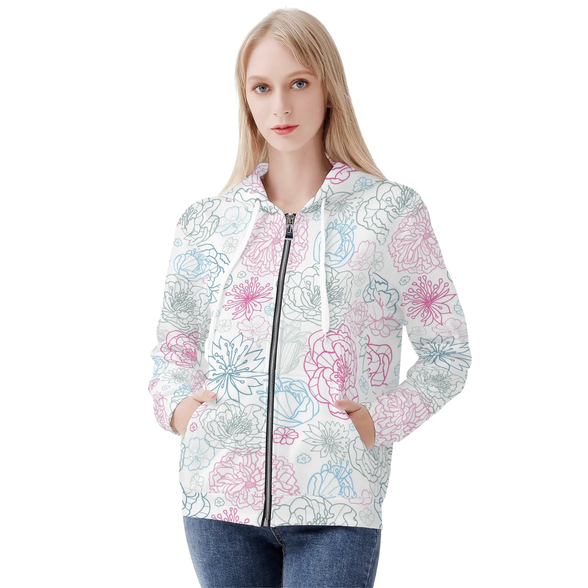 Women's Allover Print Zip-Up Hoodie - Floral Medley