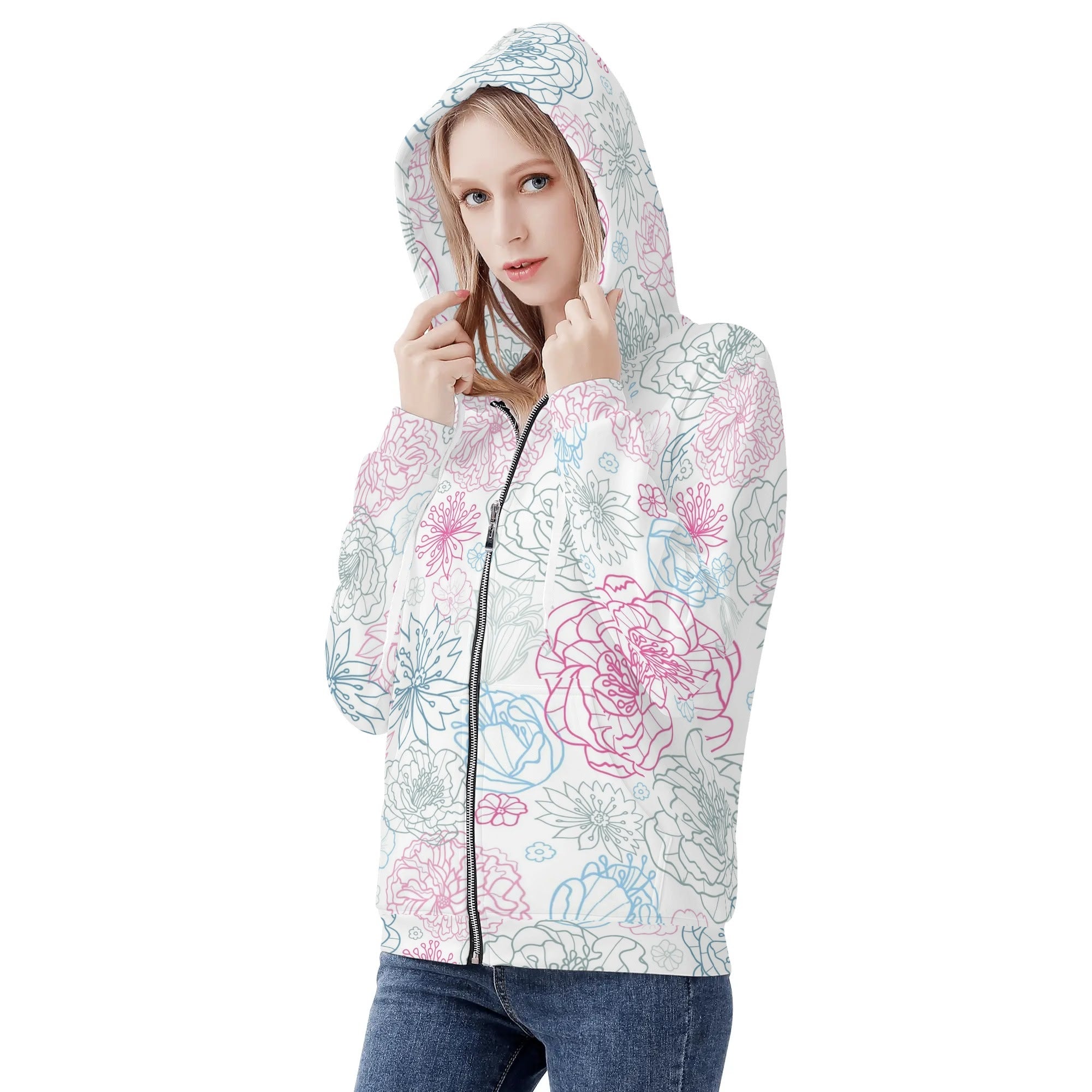 Women's Allover Print Zip-Up Hoodie - Floral Medley