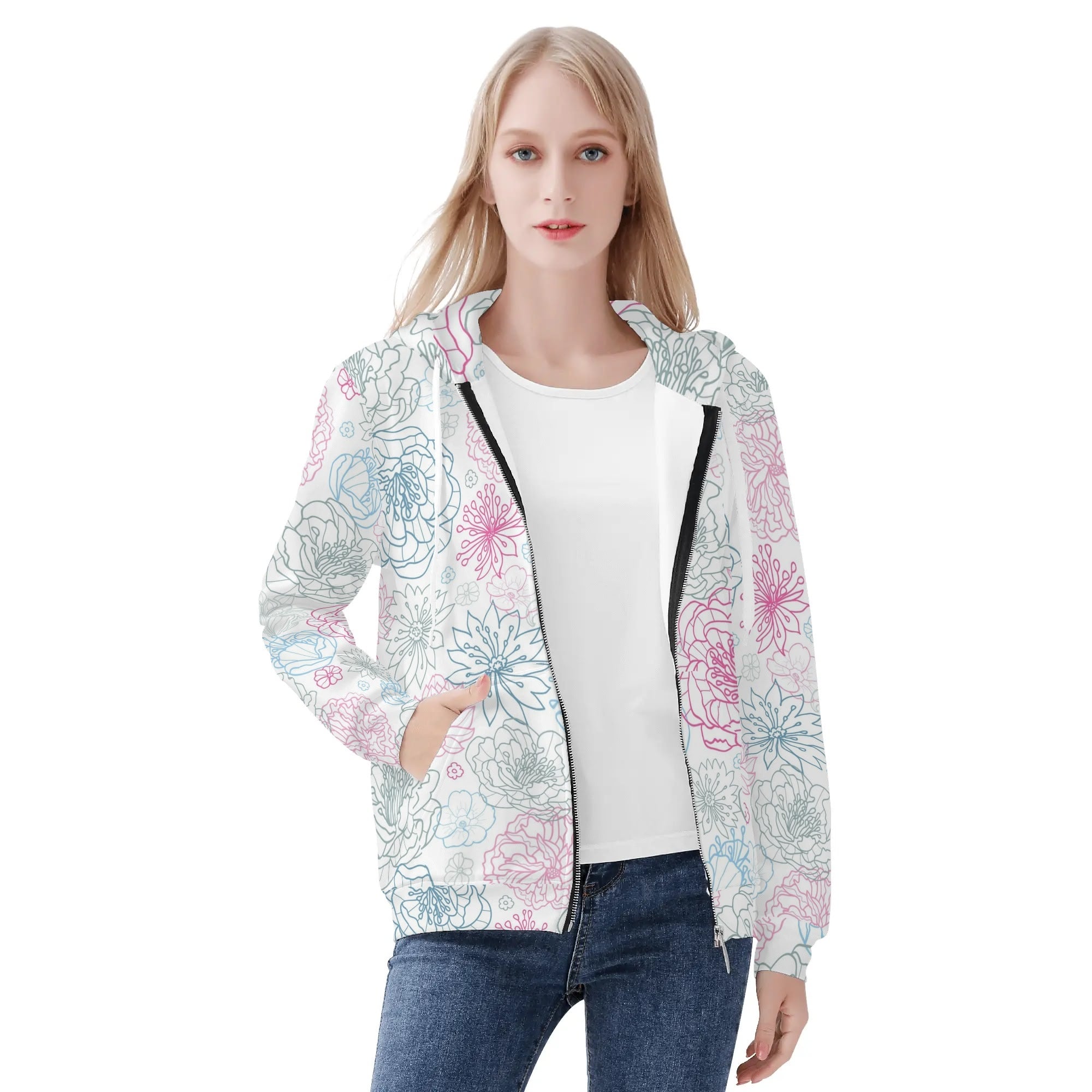 Women's Allover Print Zip-Up Hoodie - Floral Medley