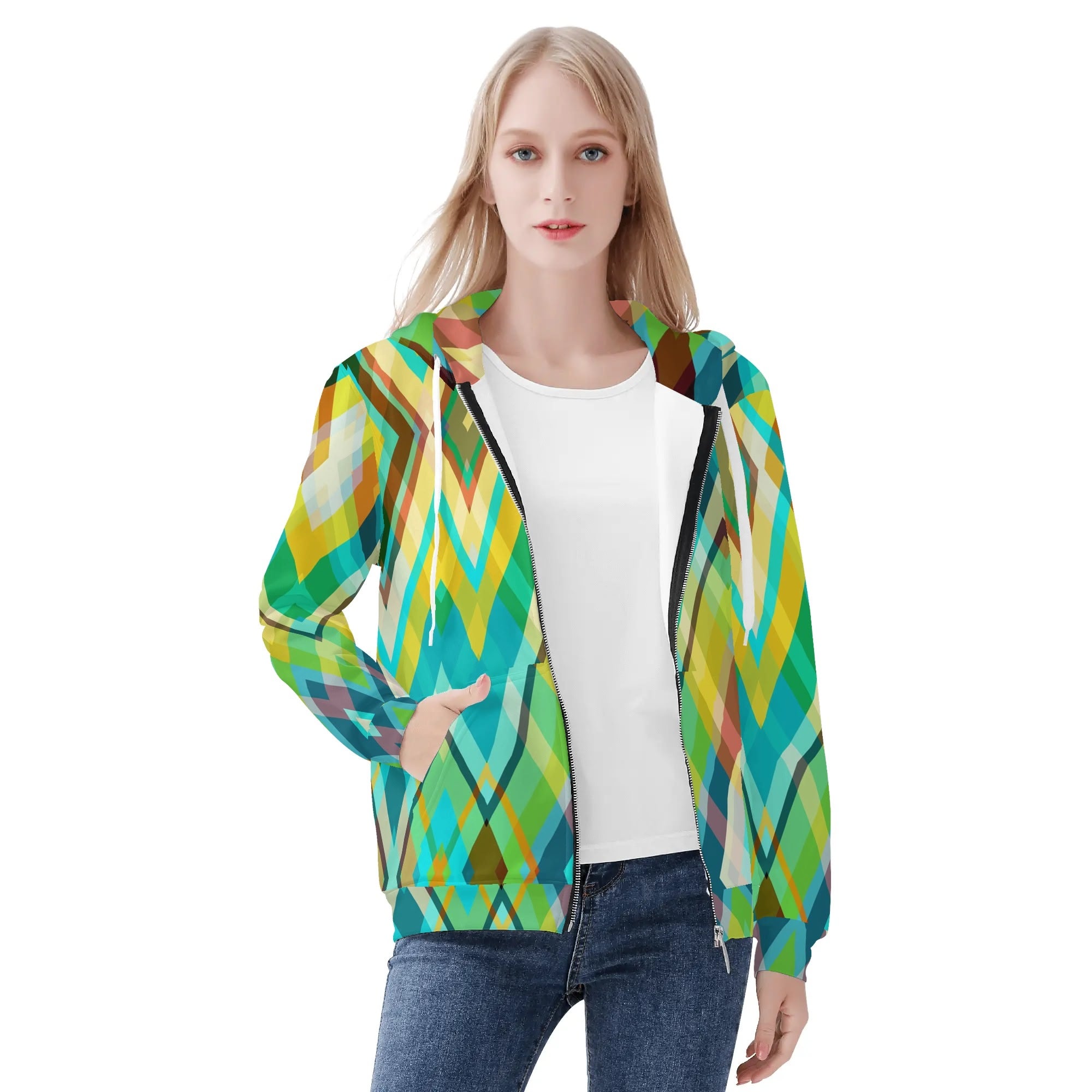 Women's Allover Print Zip-Up Hoodie - Zigzag