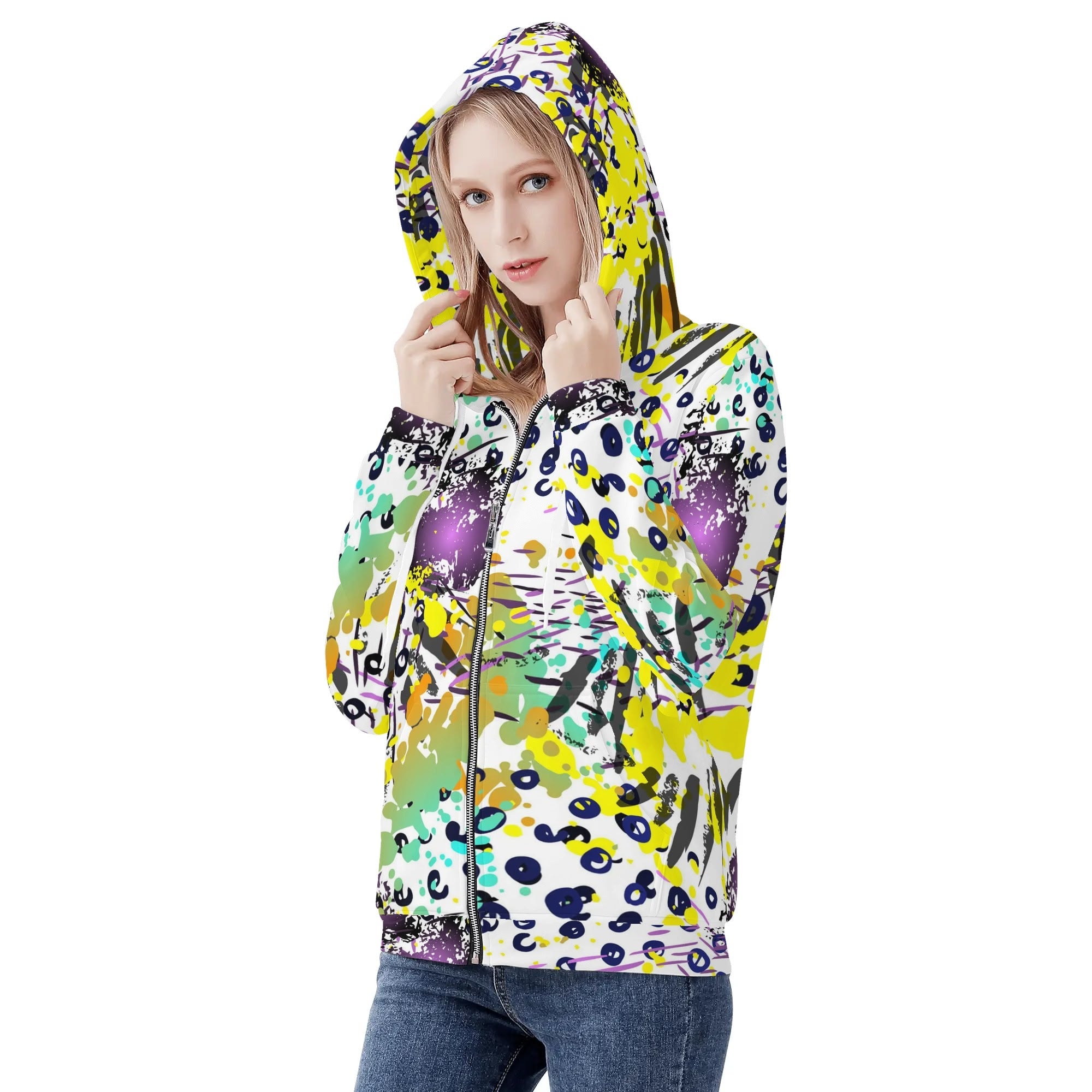 Women's Allover Print Zip-Up Hoodie - Distressed