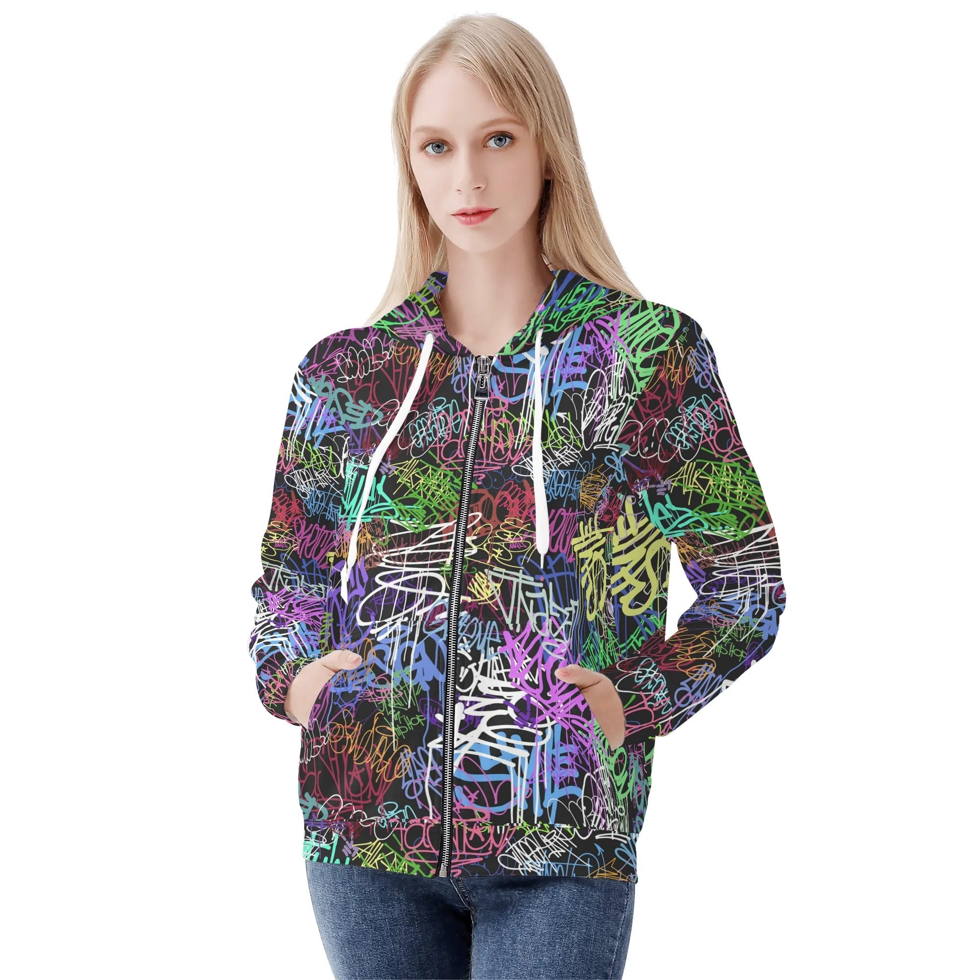 Women's Allover Print Zip-Up Hoodie - Graffiti