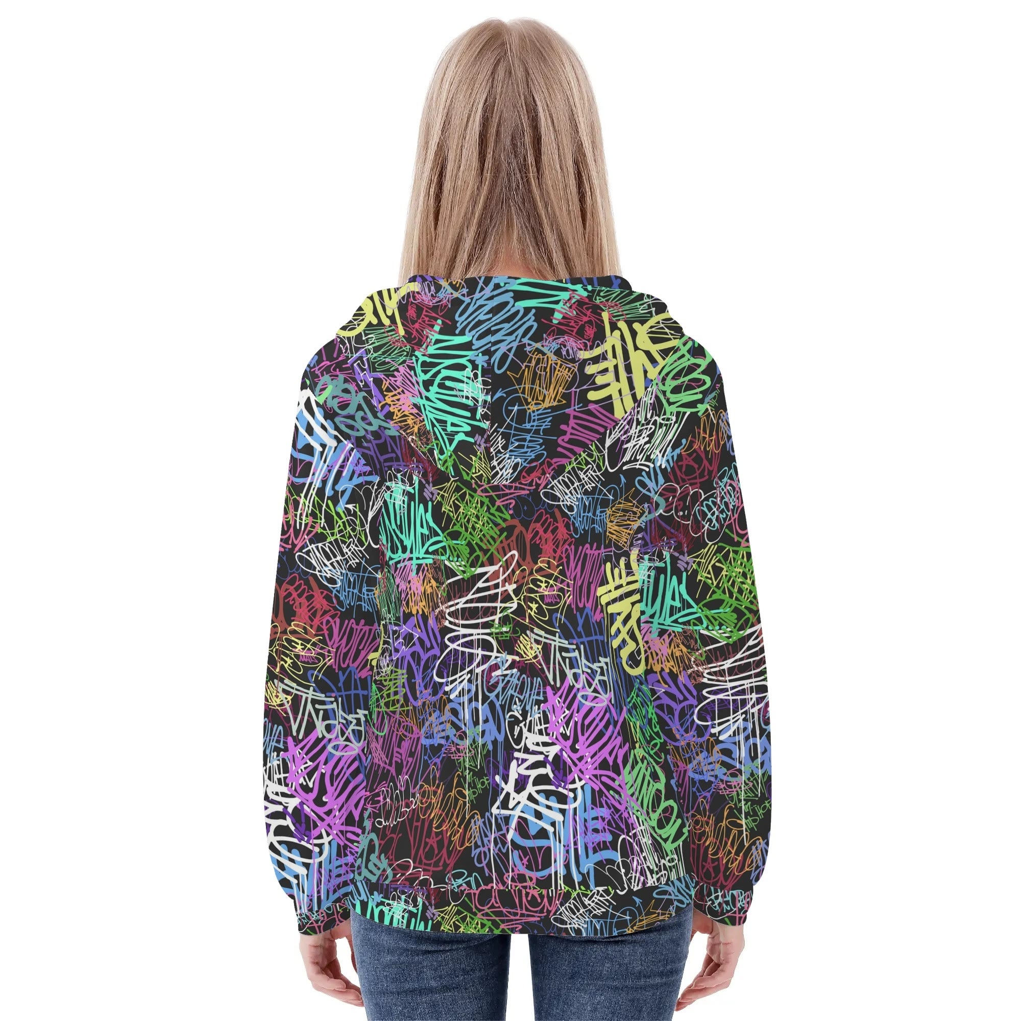 Women's Allover Print Zip-Up Hoodie - Graffiti