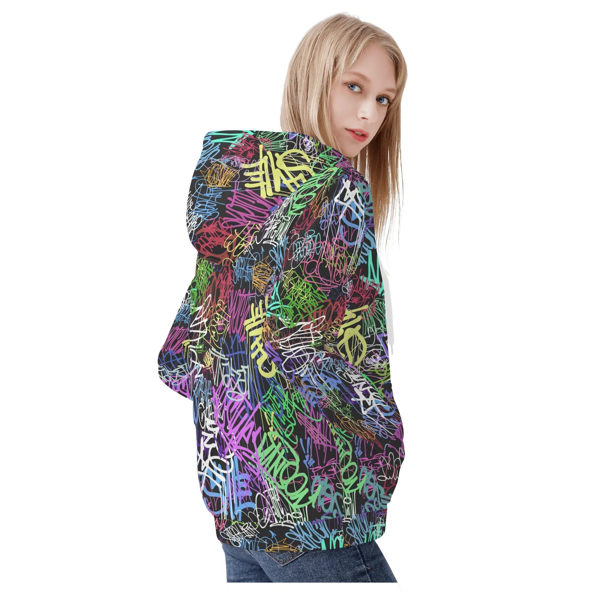 Women's Allover Print Zip-Up Hoodie - Graffiti