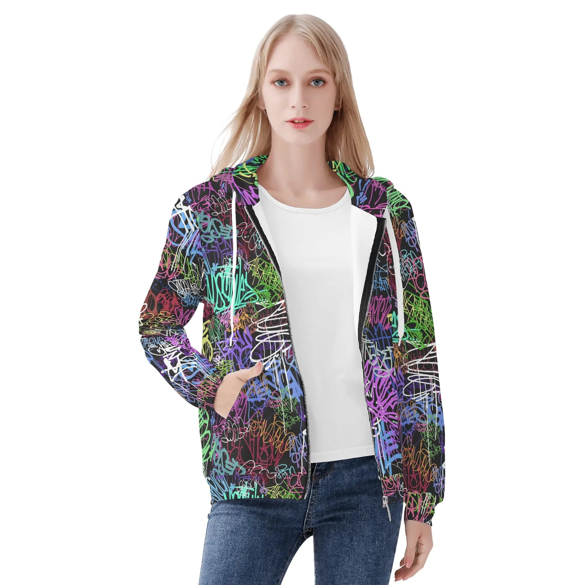 Women's Allover Print Zip-Up Hoodie - Graffiti