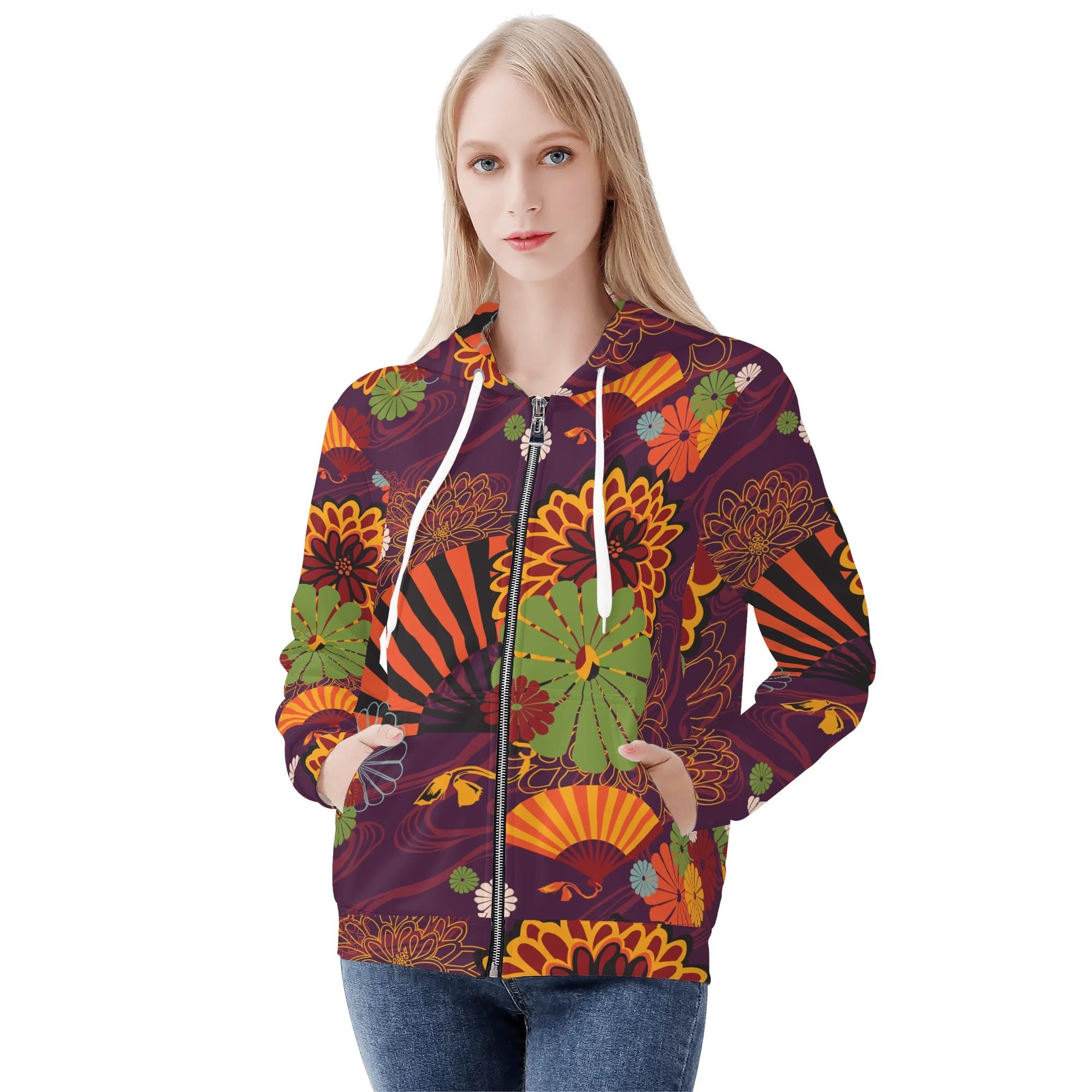 Women's Allover Print Zip-Up Hoodie - Japanese