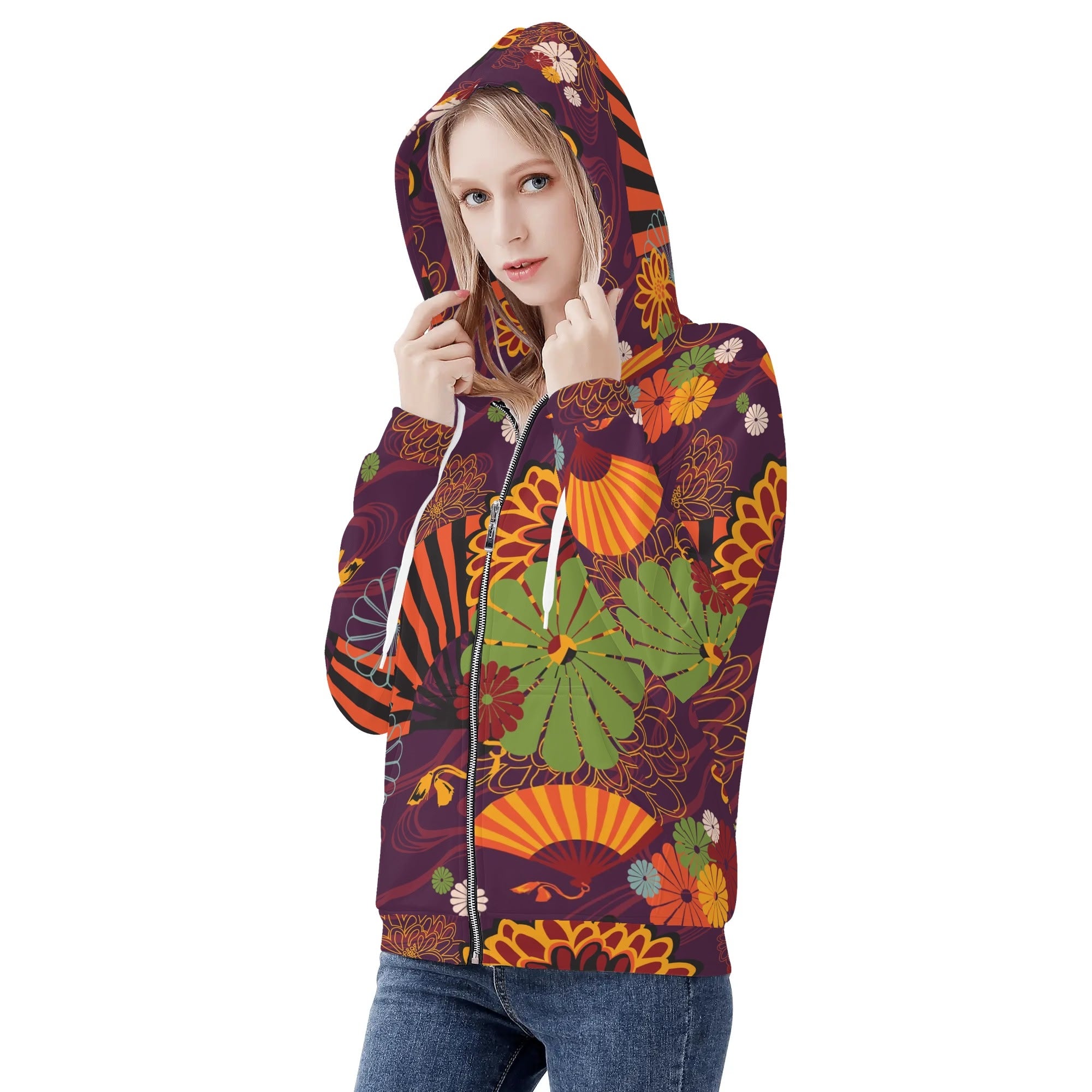 Women's Allover Print Zip-Up Hoodie - Japanese