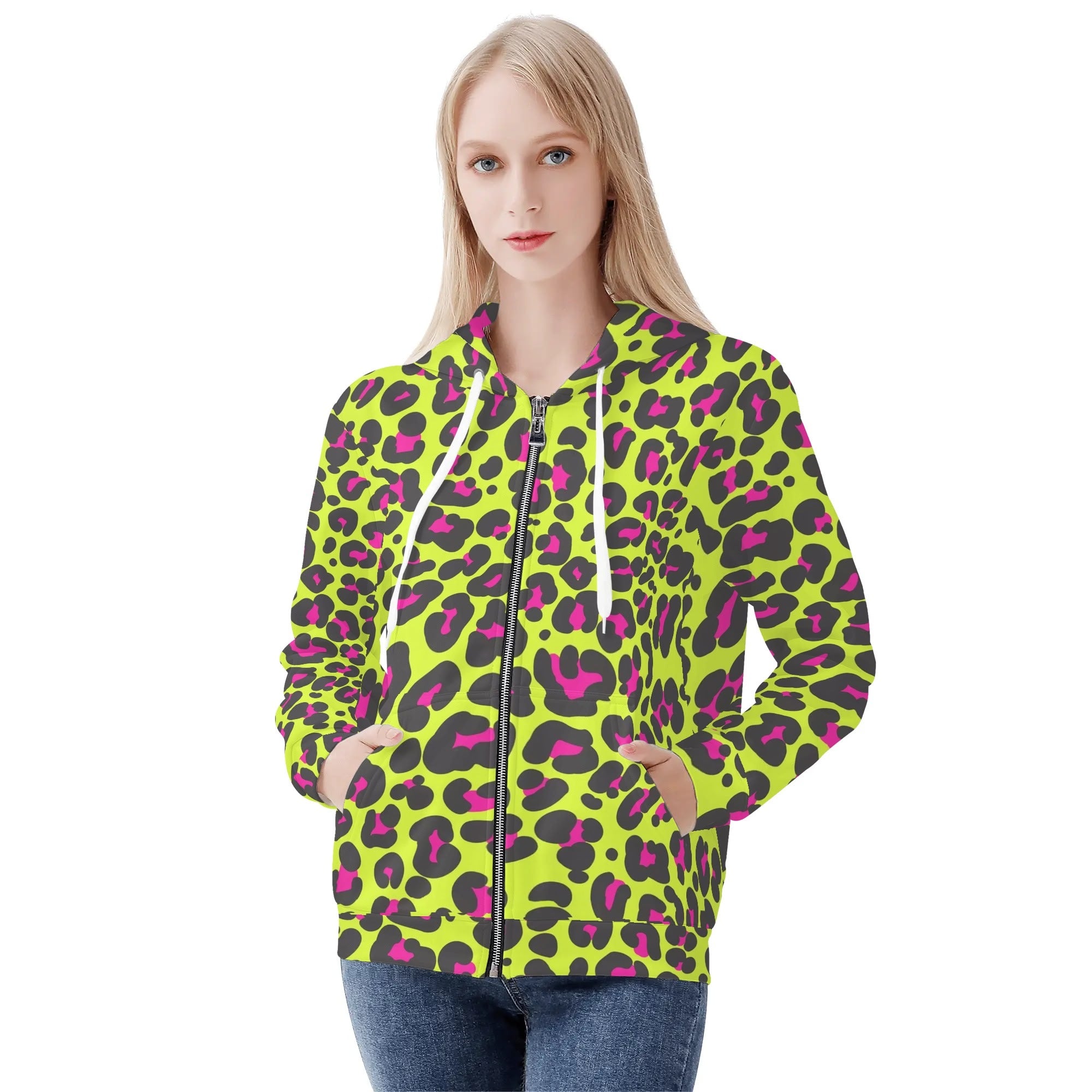 Women's Allover Print Zip-Up Hoodie - Neon Leopard