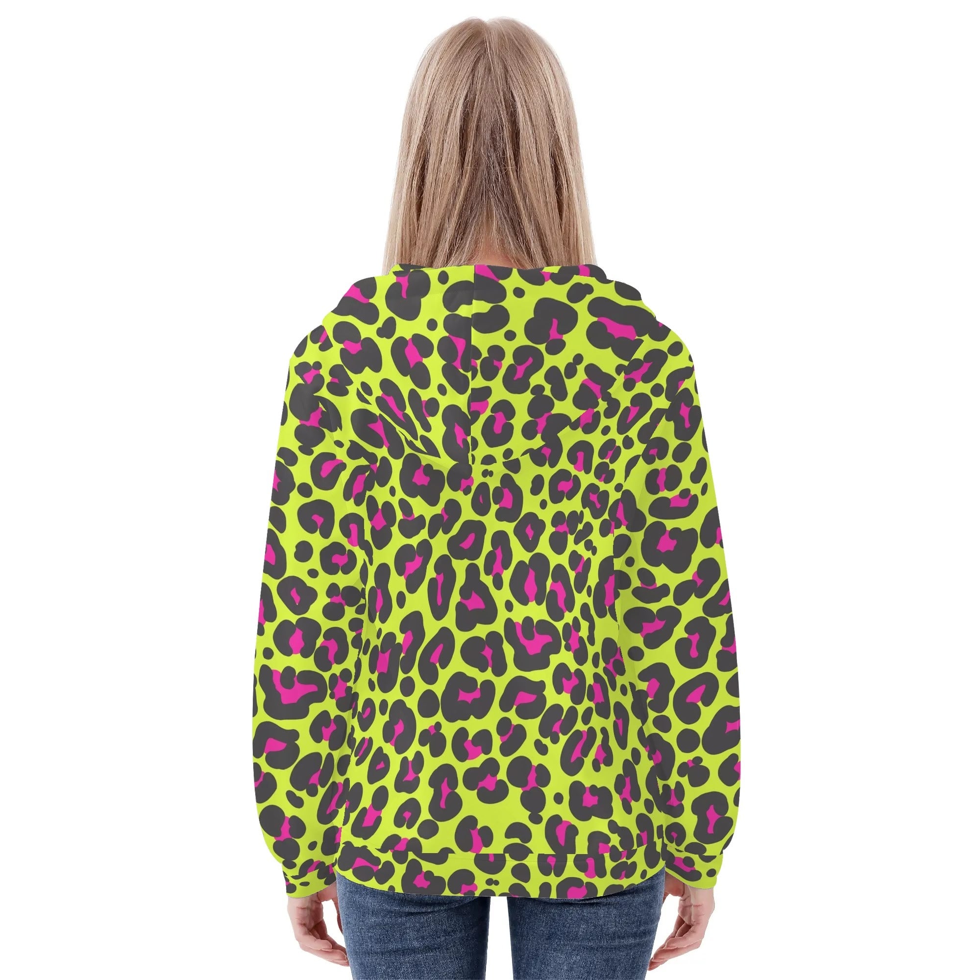 Women's Allover Print Zip-Up Hoodie - Neon Leopard